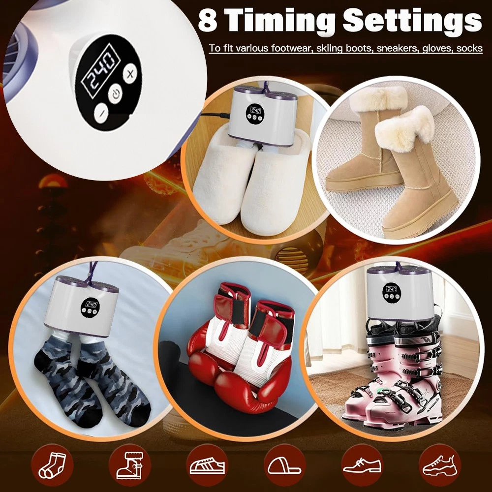 Das Bild zeigt einen 8-Einstellungs-Timer zum Trocknen von Schuhen. Beispiele: Hausschuhe, Stiefel, Socken, Boxhandschuhe, Skischuhe. Schuh-Icons.