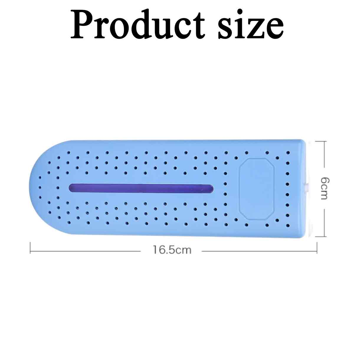 Ein blaues rechteckiges Produkt mit kleinen Löchern. Es hat eine lila Mitte und die Maße 16,5 cm lang und 6 cm breit.