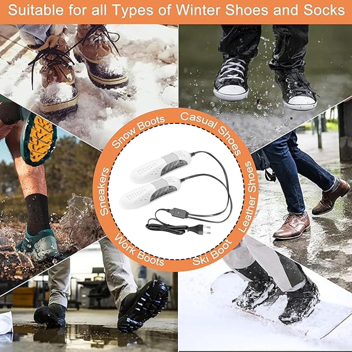 Das Bild zeigt verschiedene Winterschuhe, Schnee und Regen mit einem Schuhtrockner in der Mitte. Text: Geeignet für Winterschuhe und Socken.