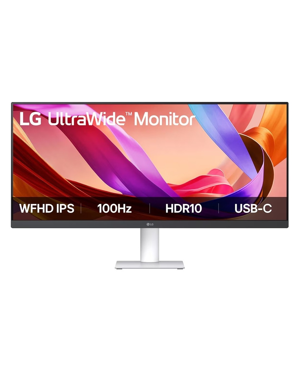 LG UltraWide Monitör. Ekran pembe, mor ve turuncu soyut şekiller gösteriyor. Özellikler: WFHD IPS, 100Hz, HDR10, USB-C. Beyaz stand.