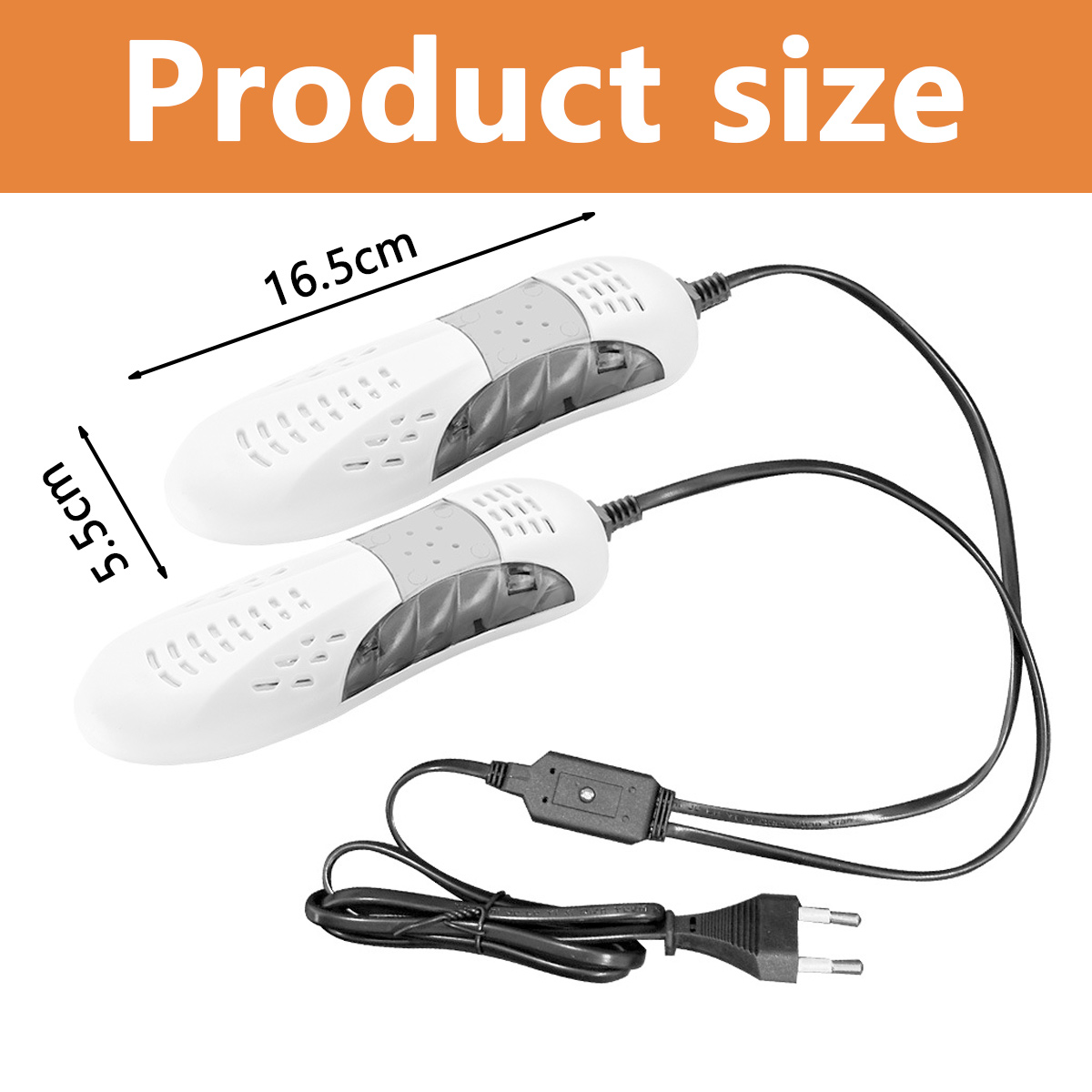 Zwei weiße Schuhtrockner, 16,5 cm lang, mit schwarzen Kabeln und einem Stecker, werden auf einer weißen Oberfläche mit Größenangaben angezeigt.