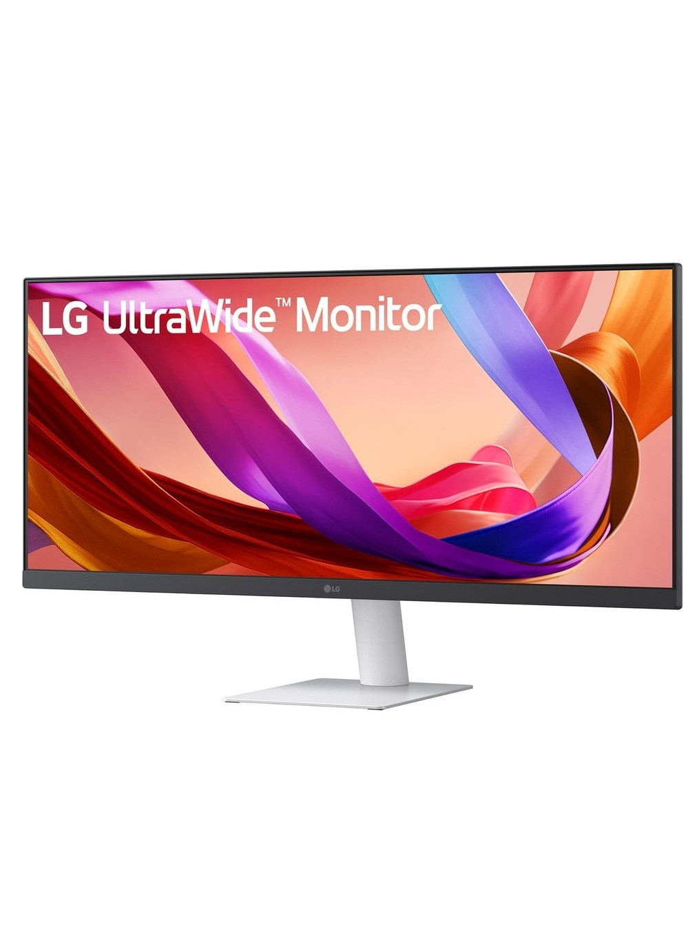 Bir LG UltraWide monitör. Siyah çerçeveye, beyaz standa ve renkli soyut şeritlere sahip bir ekrana sahiptir.