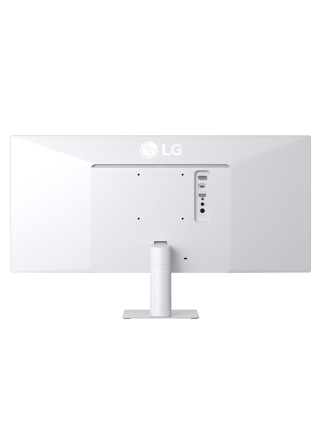 Beyaz bir LG monitörün arkadan görünümü. Bir standı, bağlantı noktaları ve LG logosu var. Arka plan beyaz bir yüzey.