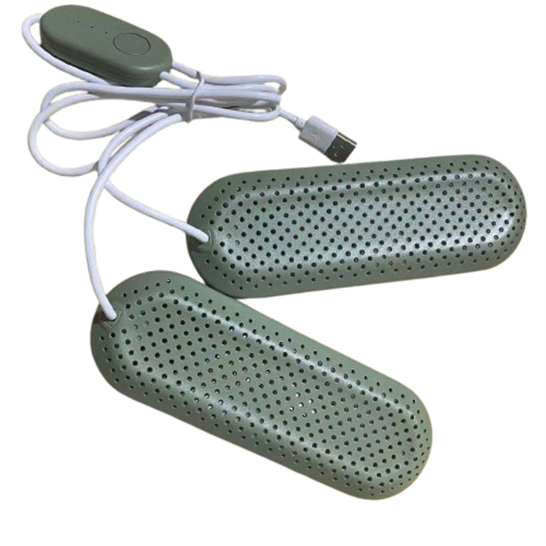 Zwei perforierte, graue Schuhtrockner, die mit einem weißen Kabel und einer Steuereinheit verbunden sind. USB-Anschluss vorhanden.