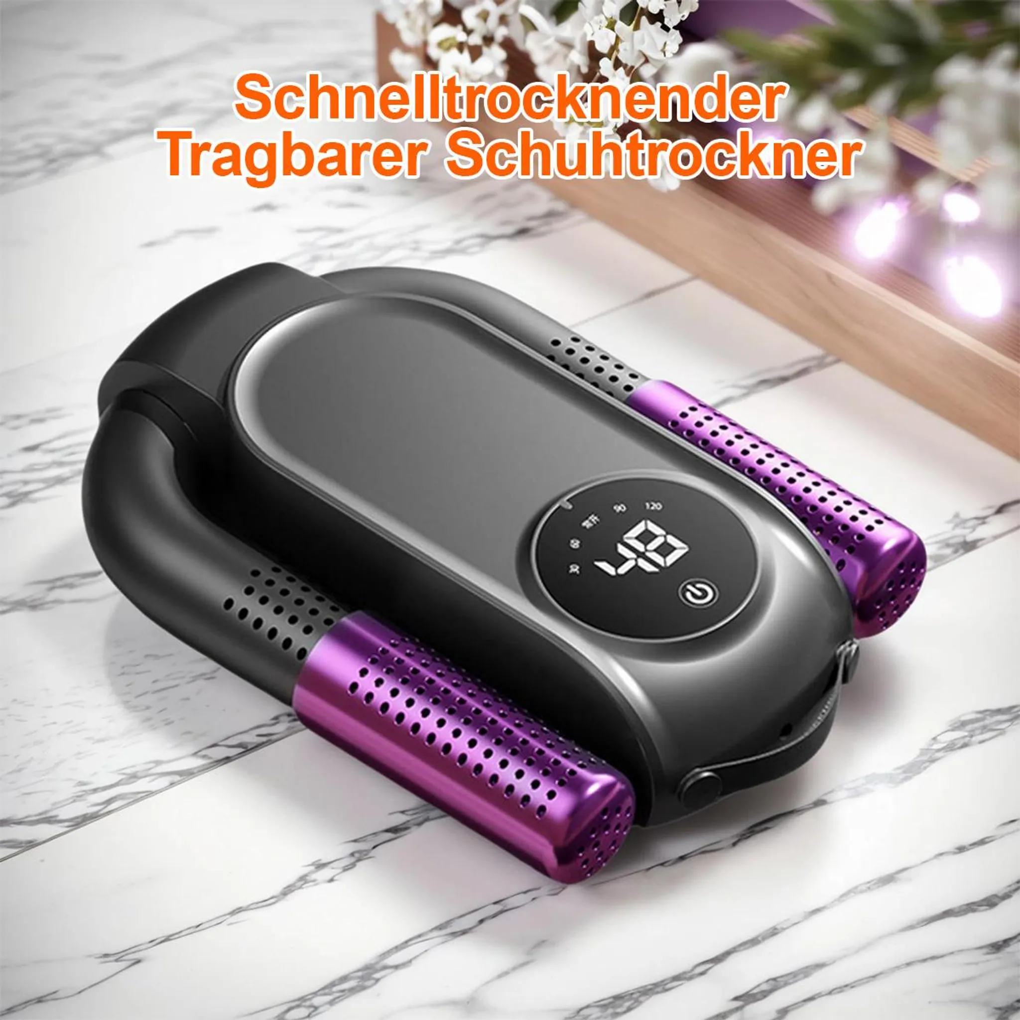 Ein Schuhtrockner mit digitaler Anzeige. Er ist schwarz und lila, ruht auf einer Marmoroberfläche, mit Text oben.