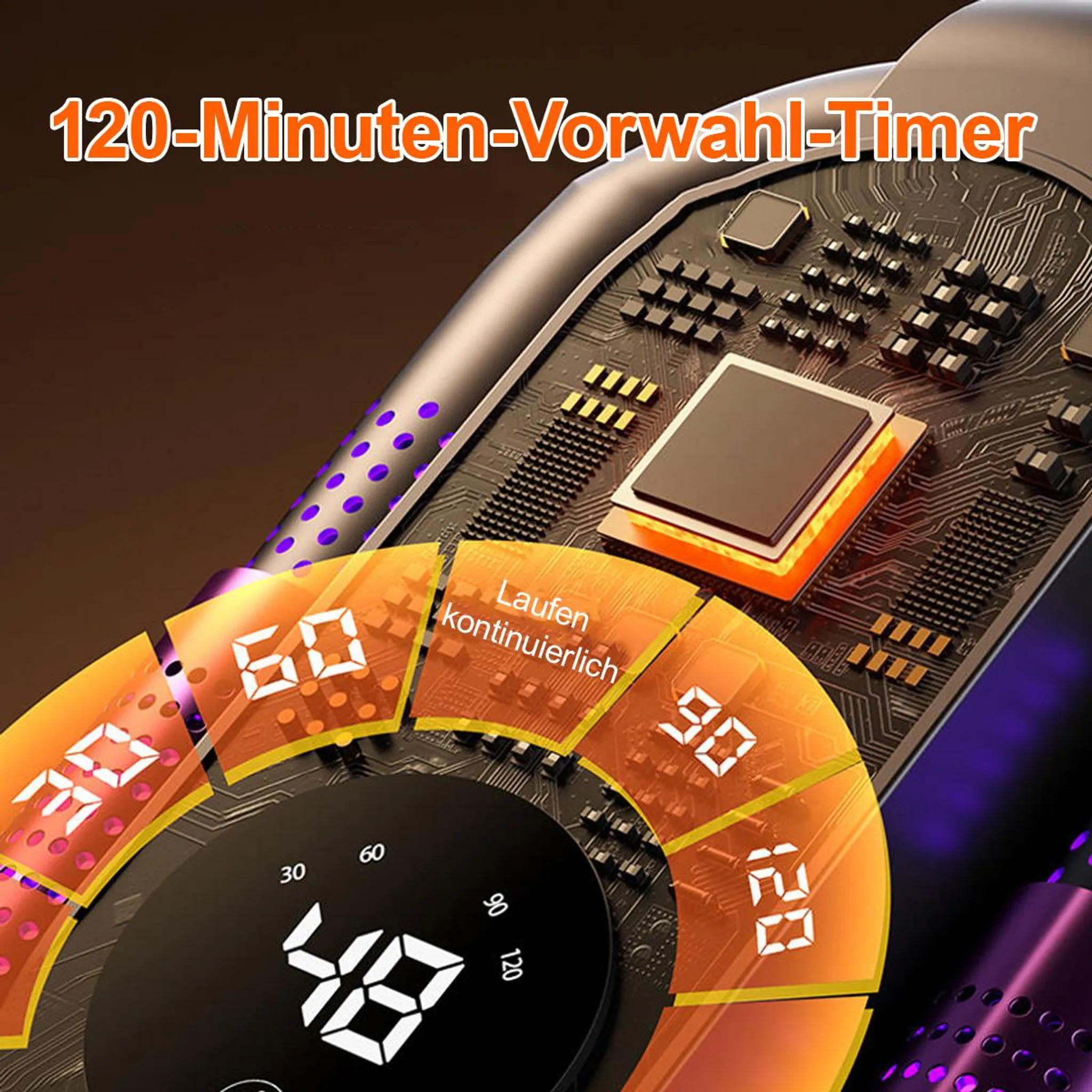 Nahaufnahme eines digitalen Timers mit 48 Minuten. Es hat einen orangefarbenen Ring mit Zahlen. Der Text 'Laufen kontinuierlich' ist zu sehen.