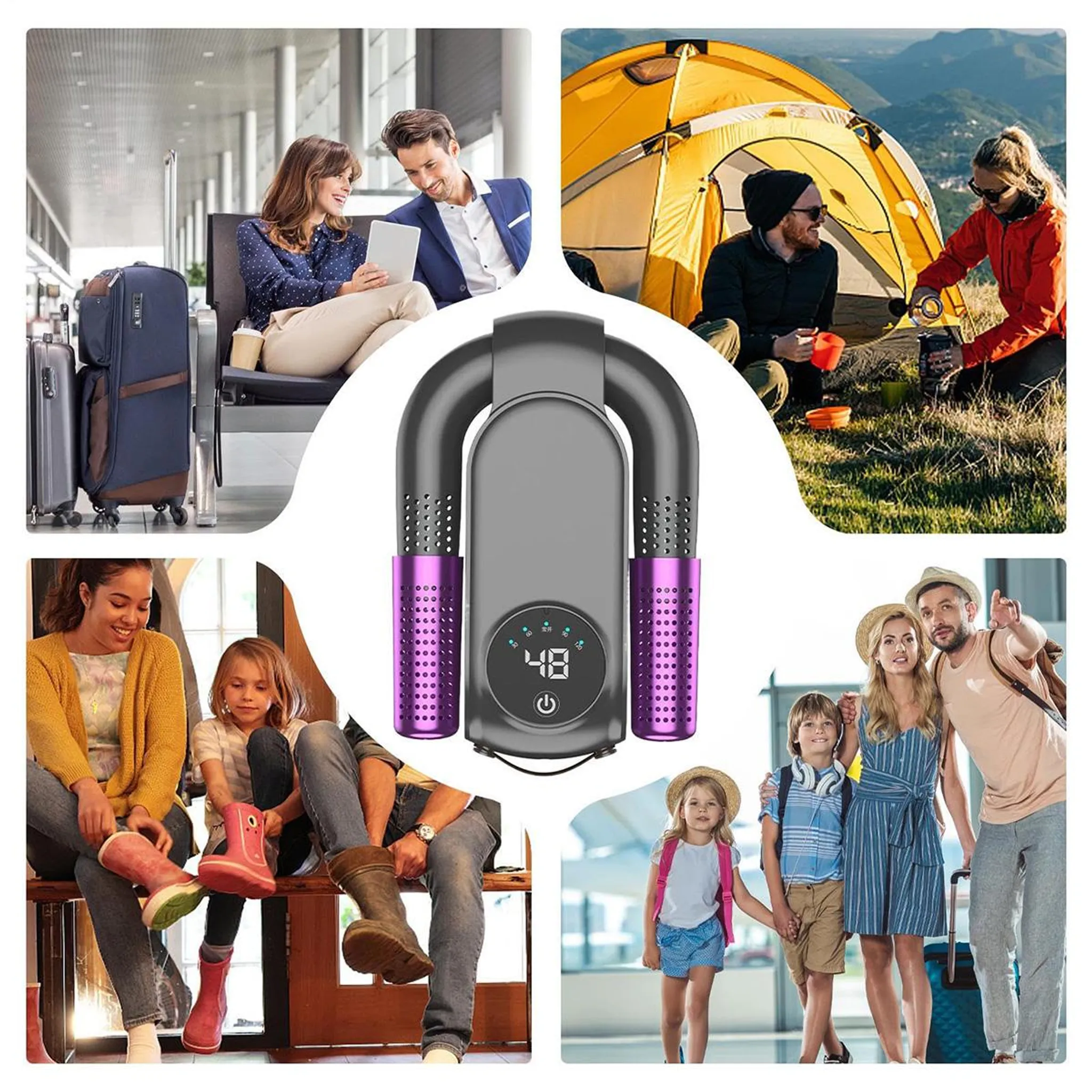 Collage: Menschen am Flughafen, Camping, Familie zieht Stiefel an, eine andere Familie mit Gepäck und ein Schuhtrockner.