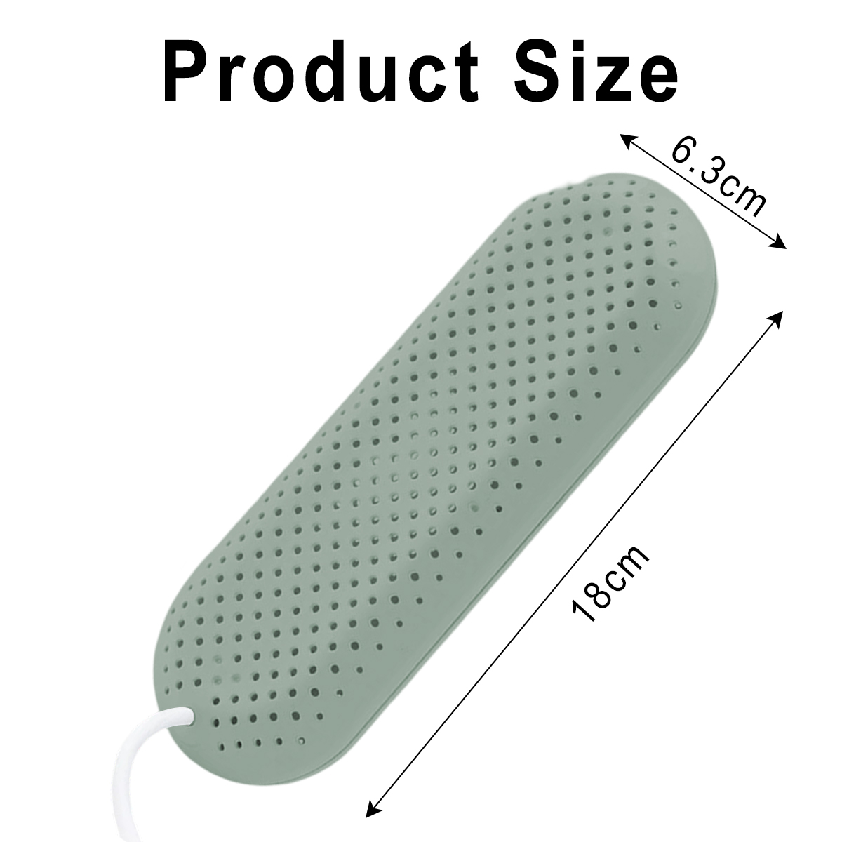 Ein grünes, perforiertes Produkt. Es ist 18 cm lang und 6,3 cm breit. Es hat ein weißes Kabel. Der Text „Produktgröße“ steht darüber.
