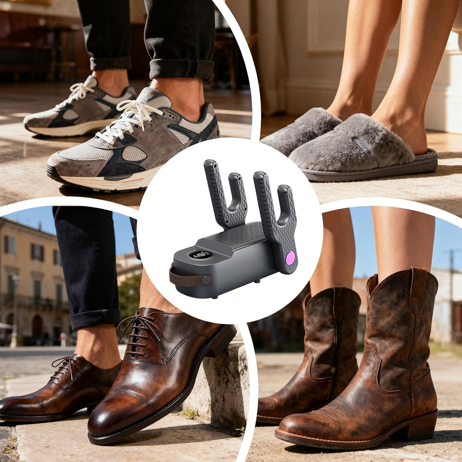 Collage von Schuhen: Turnschuhe, Hausschuhe, Anzugschuhe und Cowboy-Stiefel. Zentral ist ein Schuhtrockner.