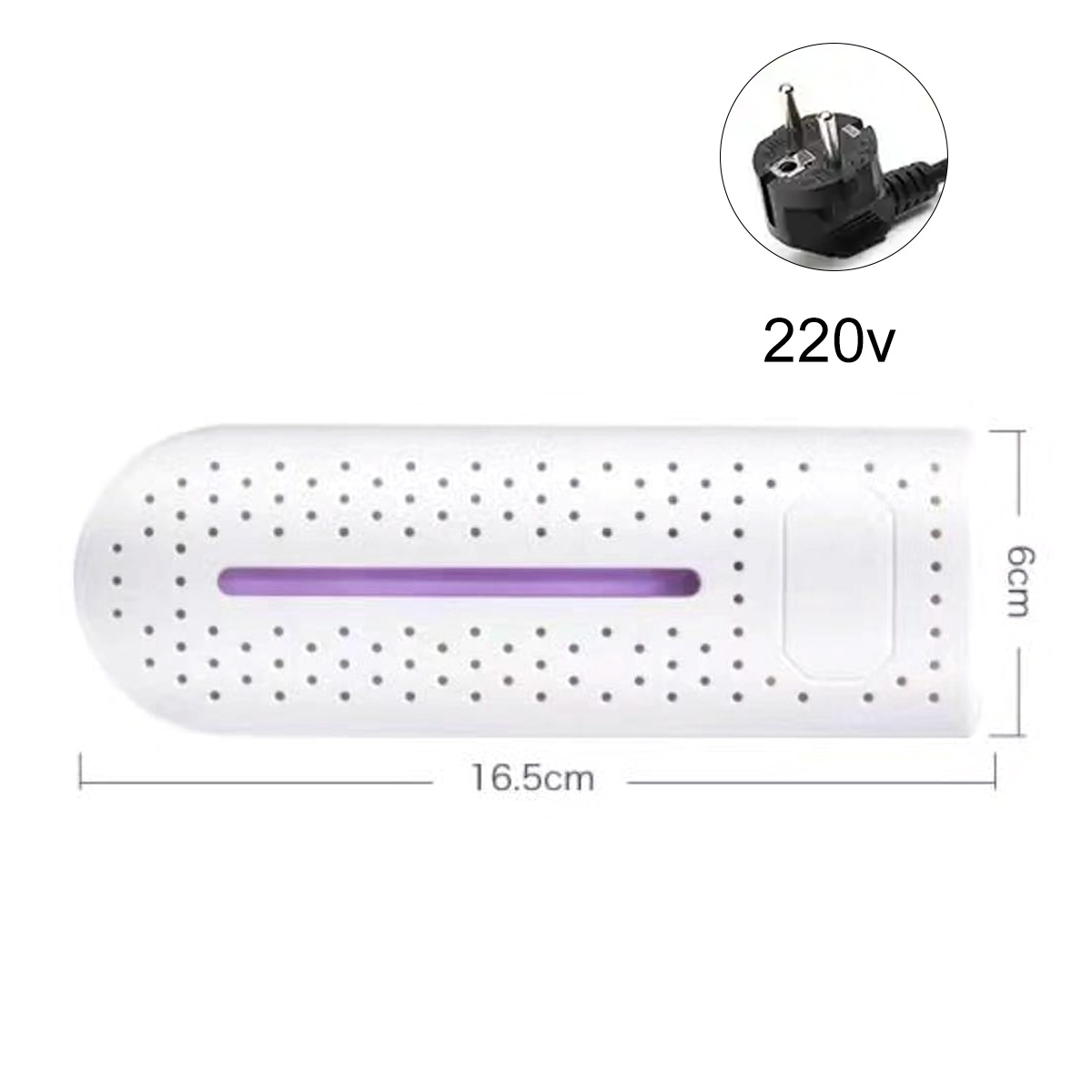 Weißes Gerät mit lila Licht, 16,5 cm lang, mit 220-V-Stecker. Abmessungen: 16,5 cm und 6 cm.