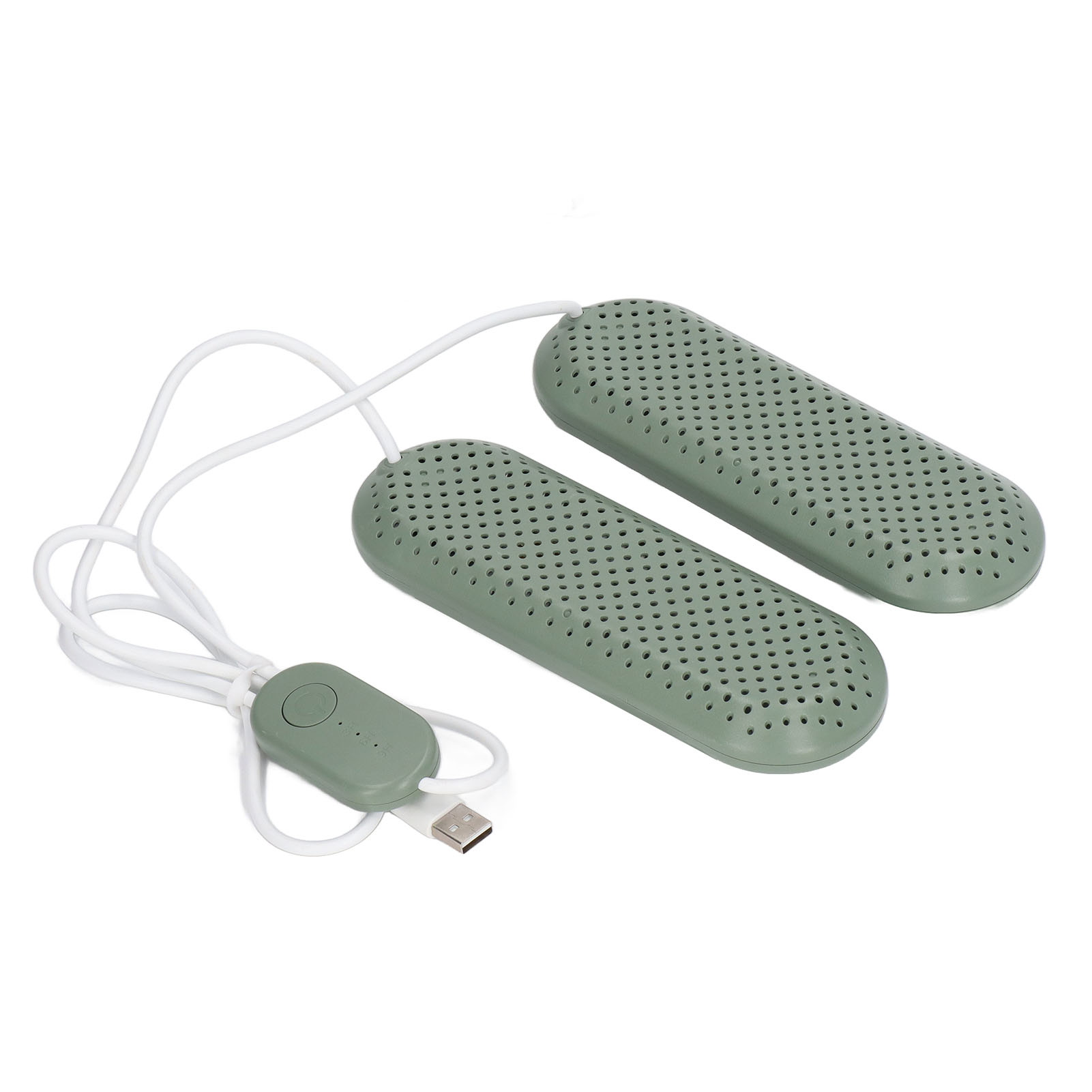 Grüner Schuhtrockner mit weißem Kabel und USB-Anschluss. Zwei perforierte Pads sind verbunden.