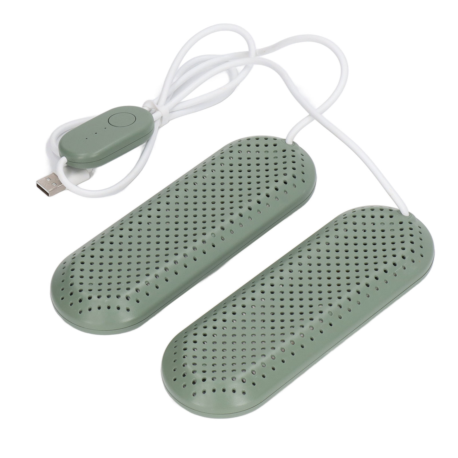 Paar grüne Schuhtrockner mit USB-Kabel und Bedienelement. Sie haben ein perforiertes Design.