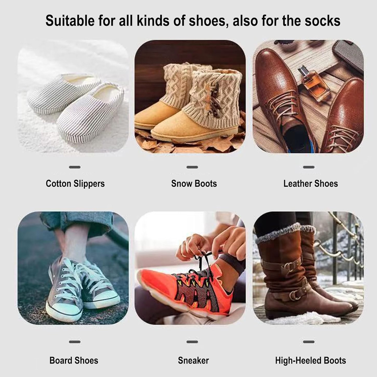 Das Bild zeigt sechs Schuharten: Baumwollpantoffeln, Schneestiefel, Lederschuhe, Board-Schuhe, Turnschuhe und High-Heel-Stiefel.