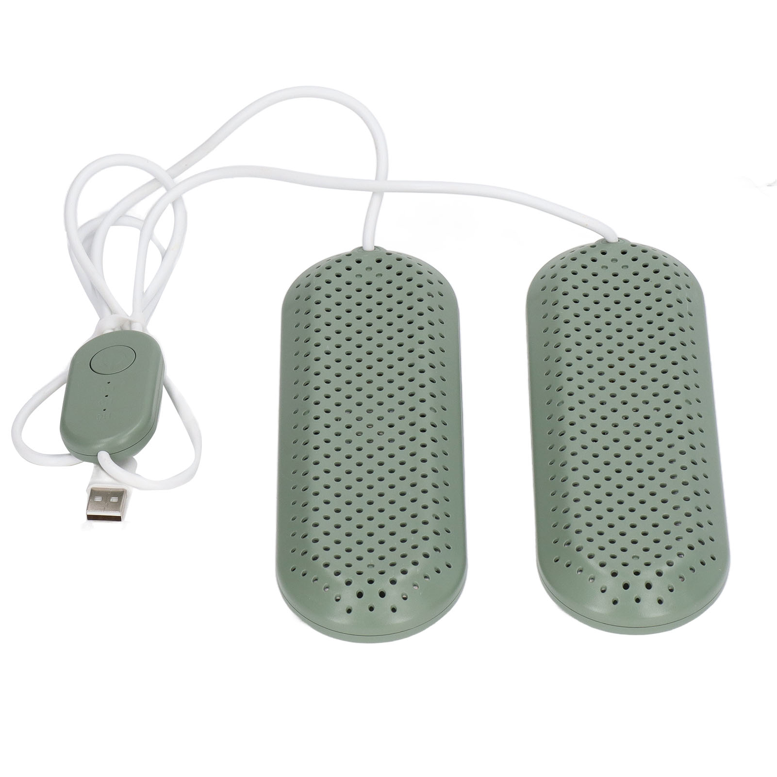 Grüner Schuhtrockner mit weißem Kabel und USB-Anschluss. Zwei perforierte ovale Teile sind mit einer Steuereinheit verbunden.