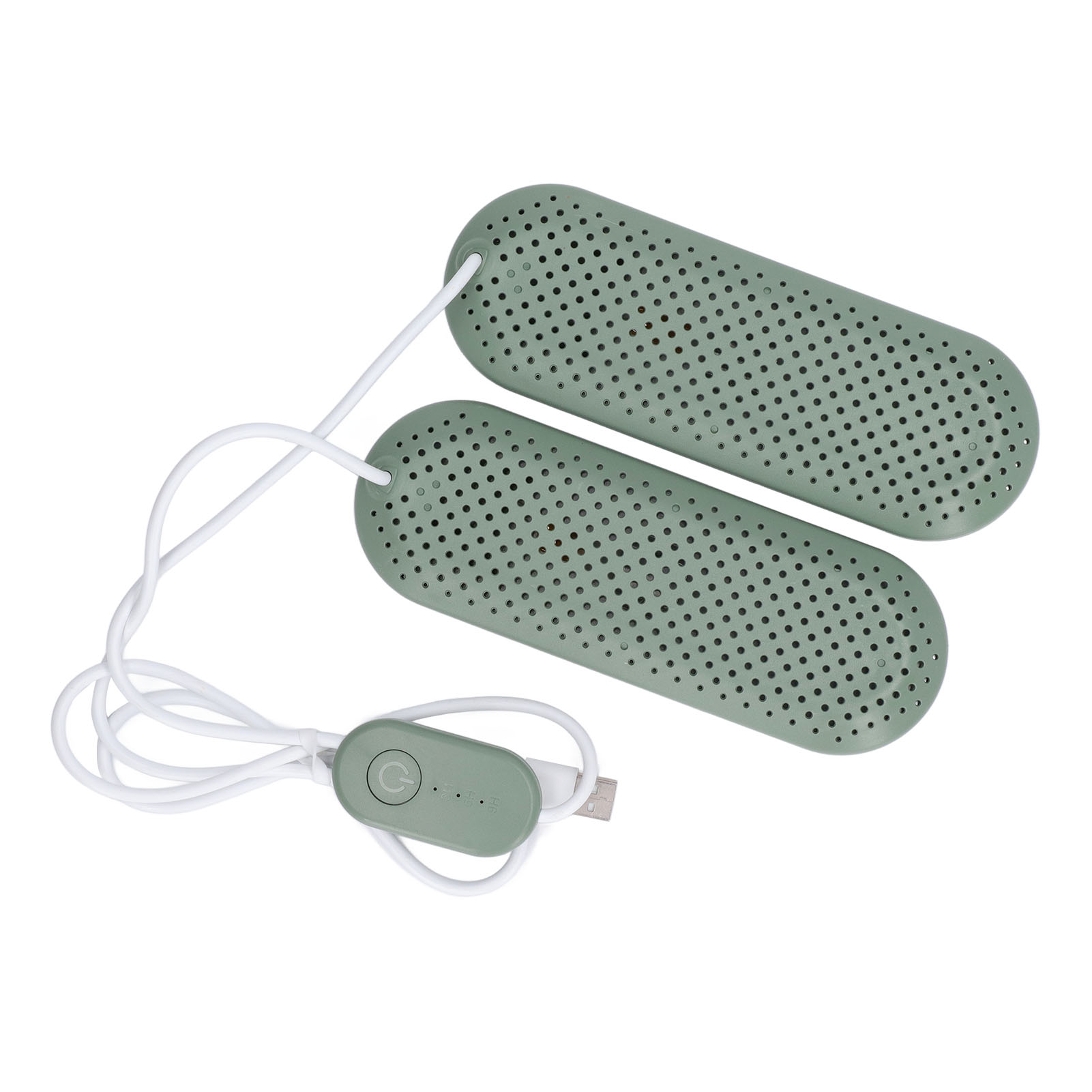 Zwei grüne Schuhtrockner mit Löchern, verbunden durch ein weißes Kabel mit Bedienfeld und USB-Anschluss.
