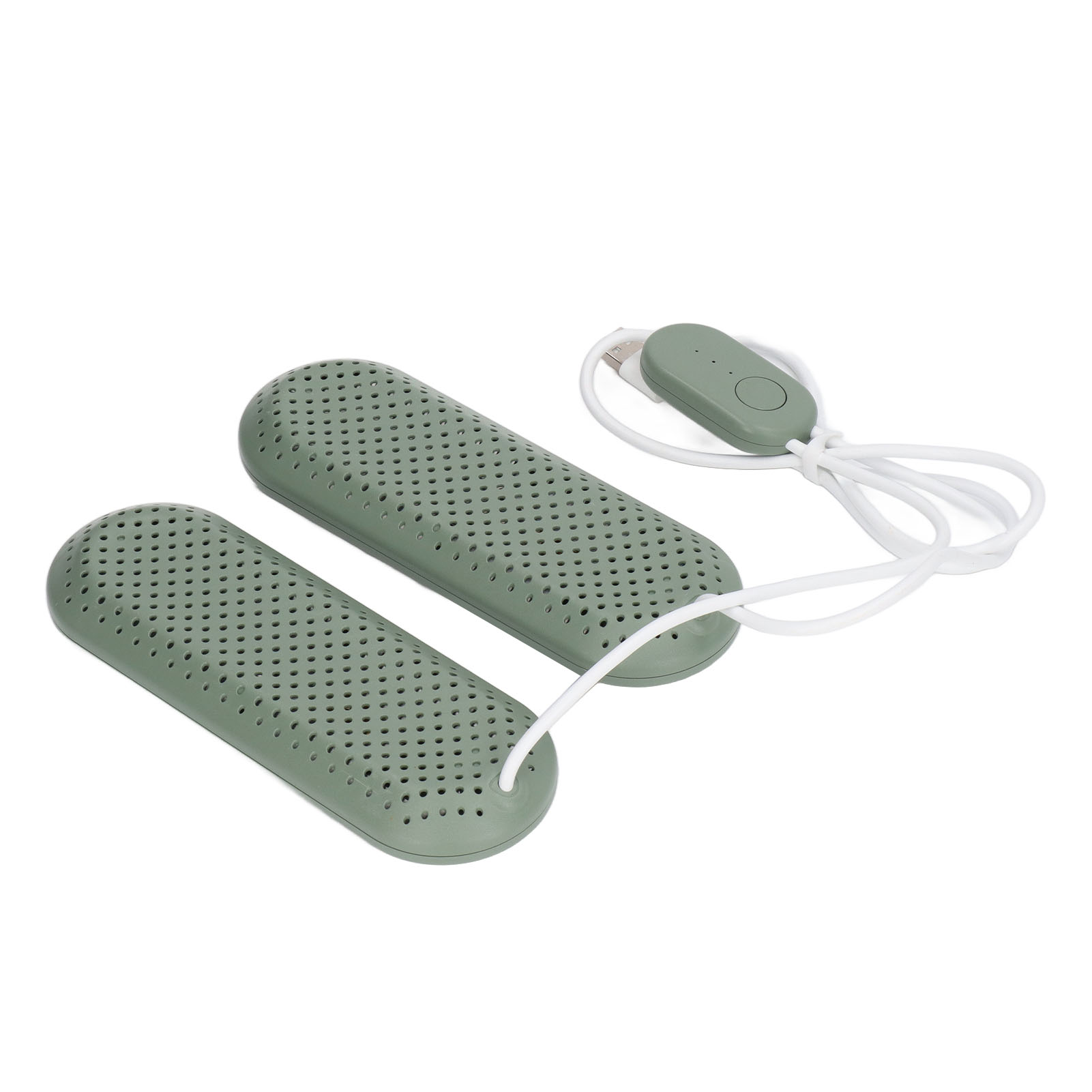 Zwei grüne Schuhtrockner mit USB-Kabel und Bedieneinheit, alles vor weißem Hintergrund.