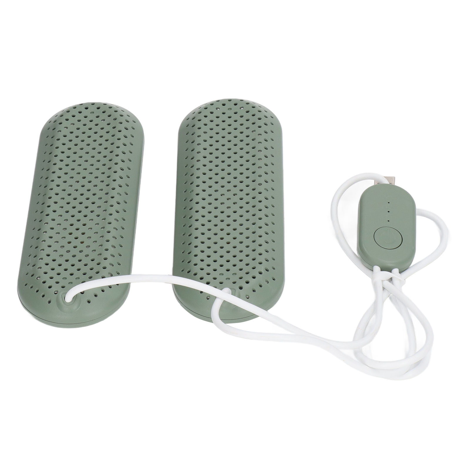 Zwei grüne, perforierte Schuhtrockner-Einsätze mit weißem Kabel und Bedieneinheit. USB-Stecker sichtbar.
