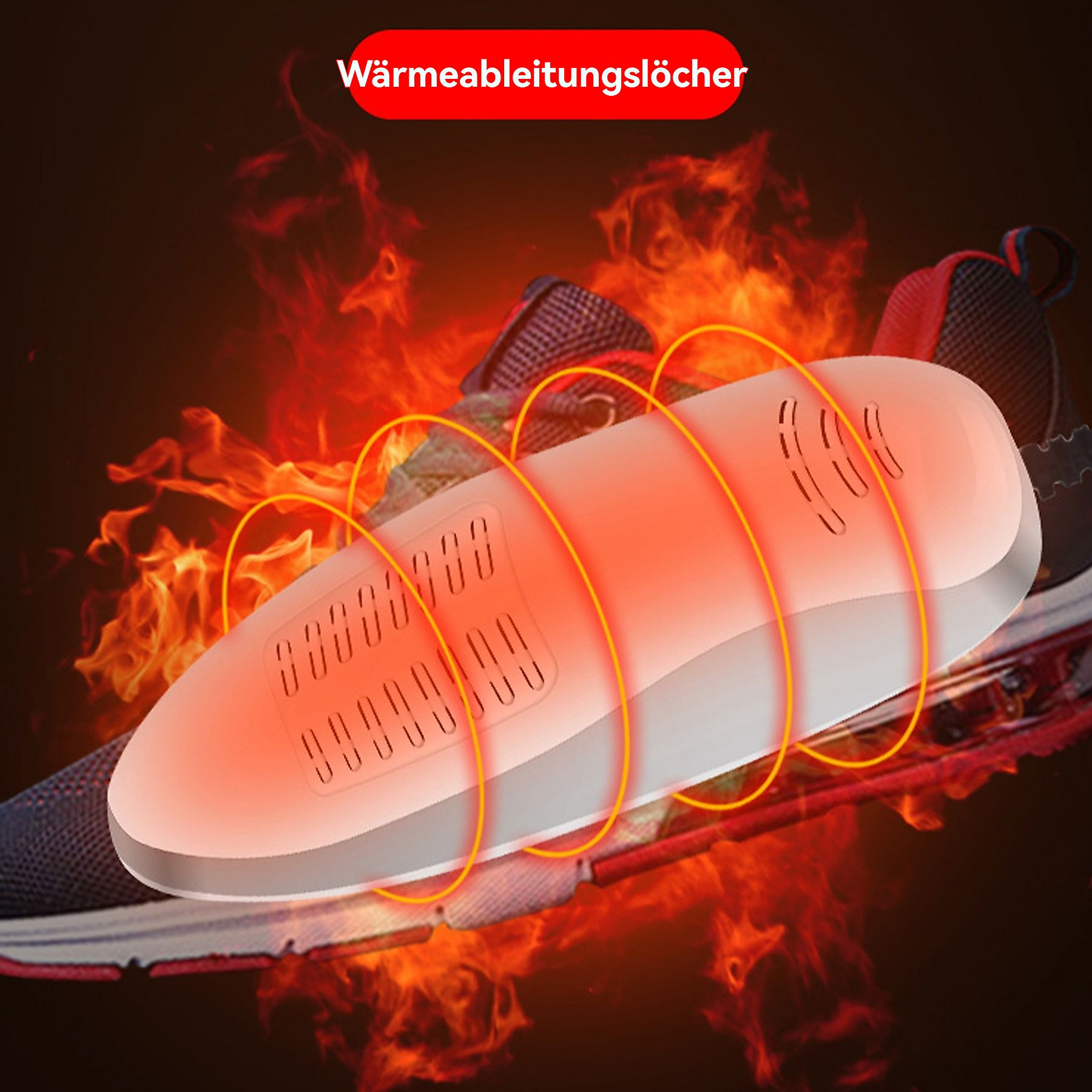 Eine beheizte Schuheinlage mit Löchern wird gezeigt. Orangefarbene Hitzewellen umgeben die Einlegesohle, im Hintergrund ein Schuh.