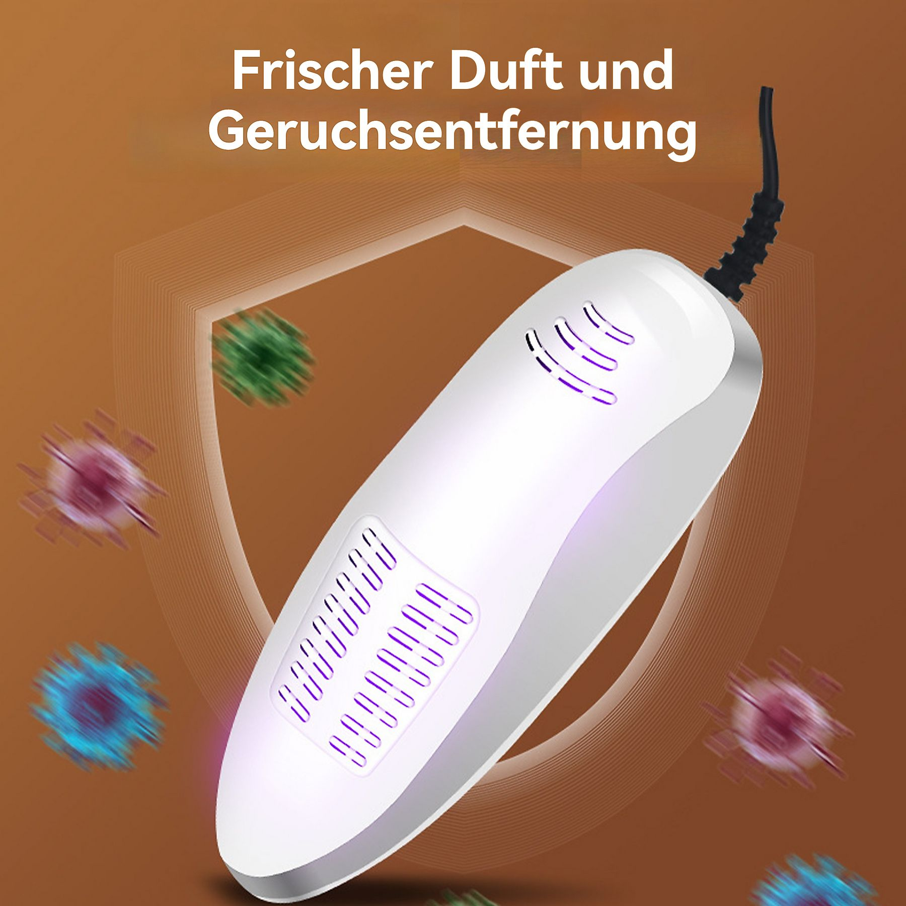 Weißes Gerät mit lila Lichtern, ein schwarzes Kabel, auf braunem Hintergrund, mit verschwommenen virusartigen Formen.