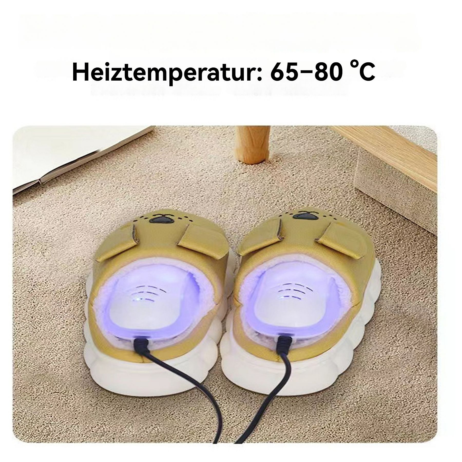 Zwei gelbe beheizte Hausschuhe mit weißen Sohlen und blauem Licht. Die Temperatur beträgt 65-80°C.