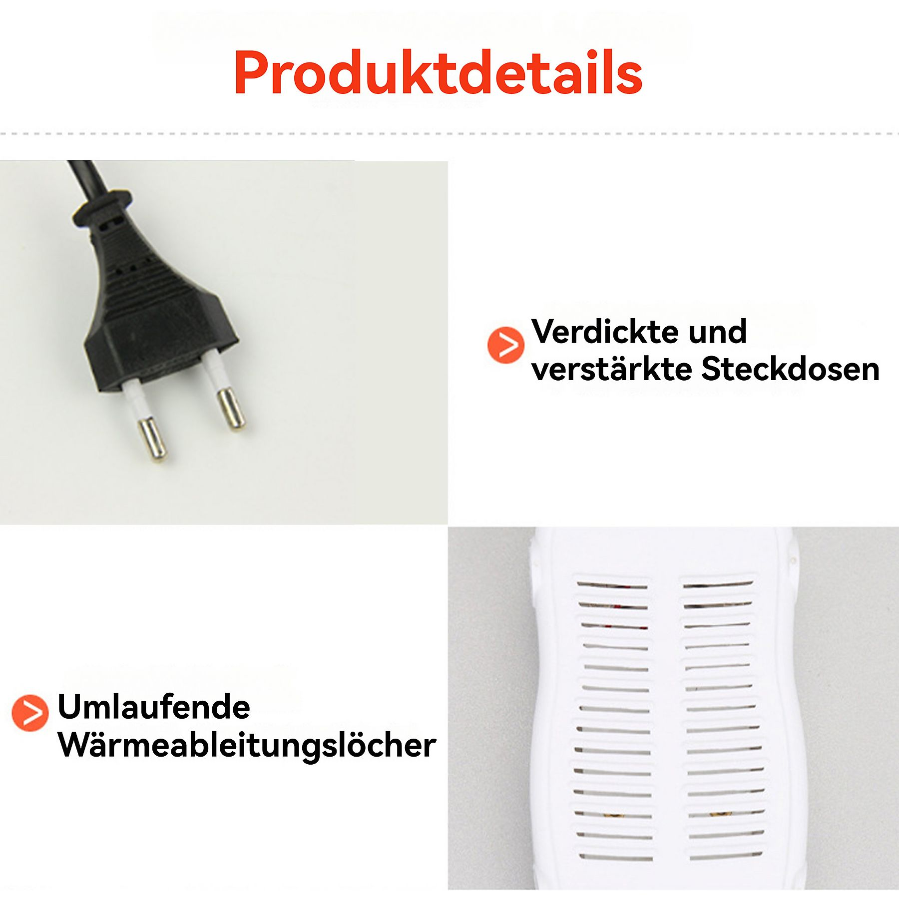 Das Bild zeigt einen schwarzen Stecker, Text auf Deutsch. Es hebt Merkmale wie Wärmeableitungslöcher und verstärkte Steckdosen hervor.