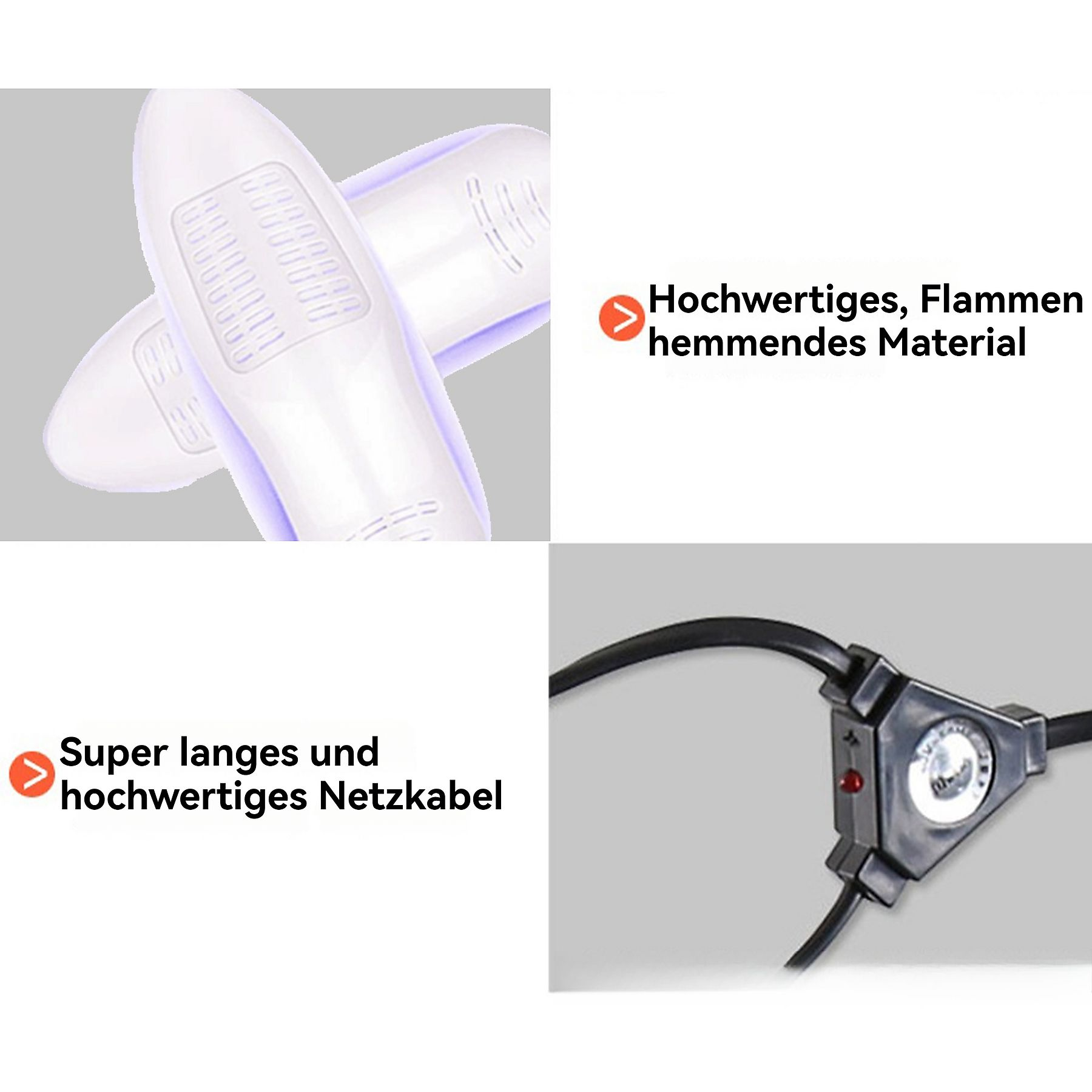 Das Bild zeigt Fußsohlen, ein Netzkabel mit rotem Licht und Text: 'Hochwertiges, flammhemmendes Material'.