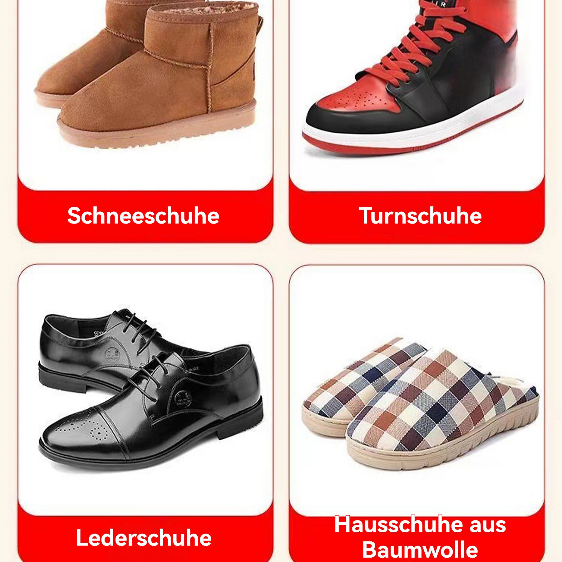 Das Bild zeigt vier Schuhpaare: Schneestiefel, Turnschuhe, Lederschuhe und Baumwollhausschuhe. Jedes Paar vor weißem Hintergrund.