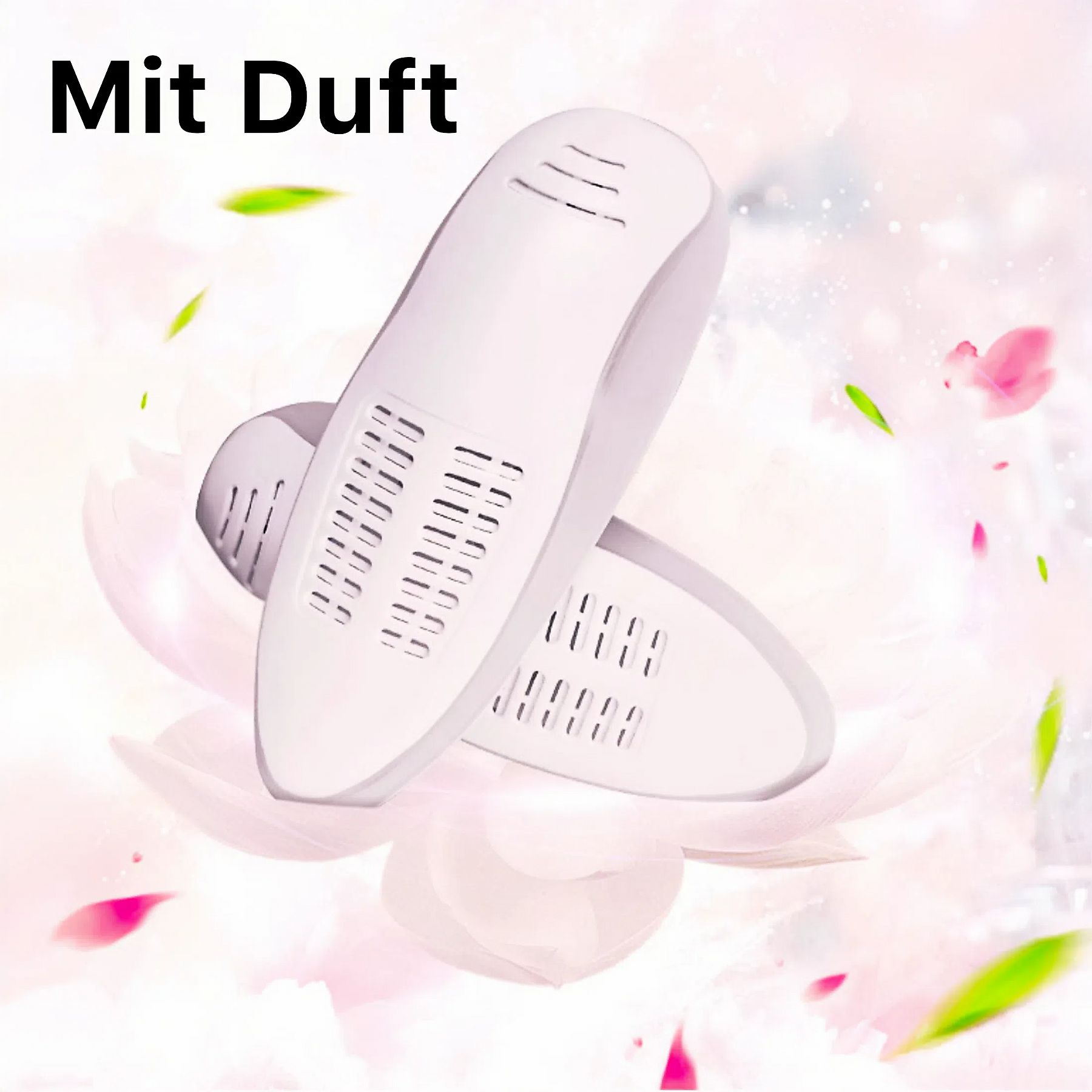 Zwei weiße fußförmige Geräte mit Lüftungslöchern, floraler Hintergrund und die Worte 'Mit Duft'.