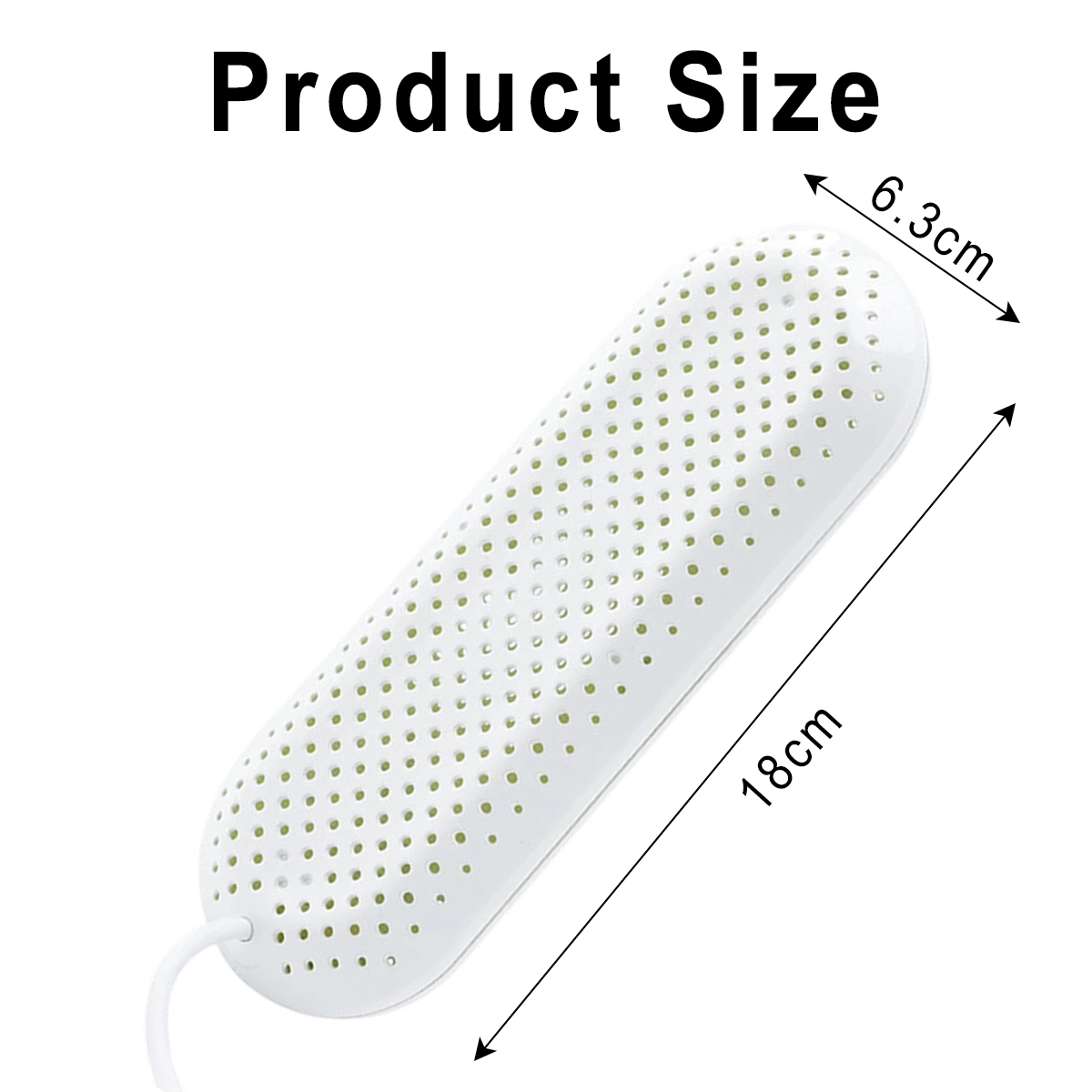 Weißes, perforiertes Produkt, 18 cm lang und 6,3 cm breit, mit der Aufschrift 'Produktgröße'. Ein Kabel ragt heraus.