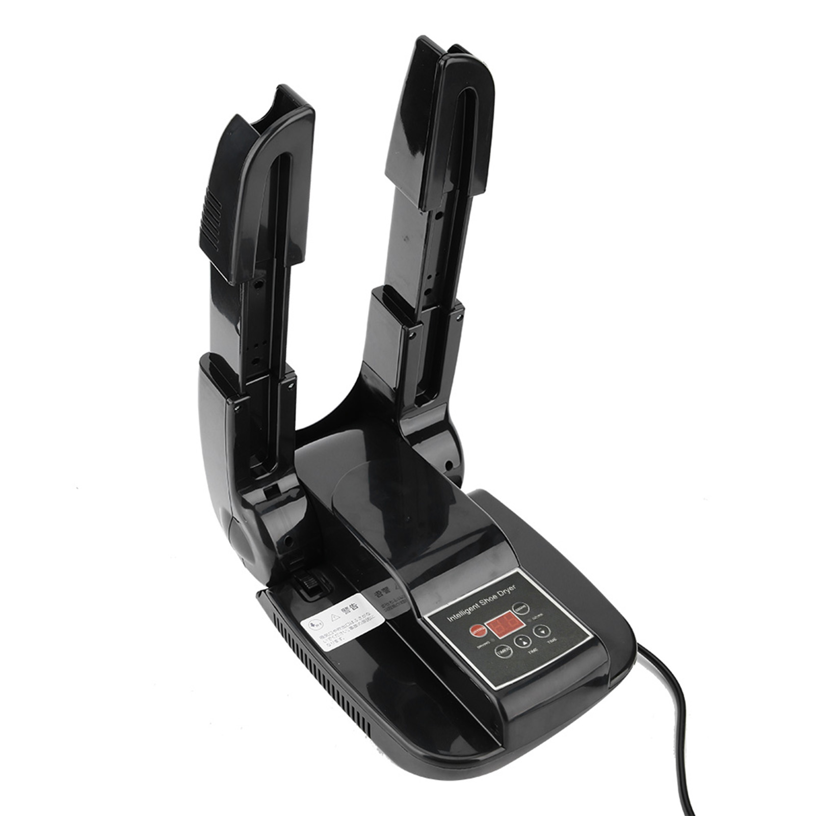 Ein schwarzer Schuhtrockner. Es hat zwei aufrechte Arme und eine Basis mit digitaler Anzeige und Bedientasten.