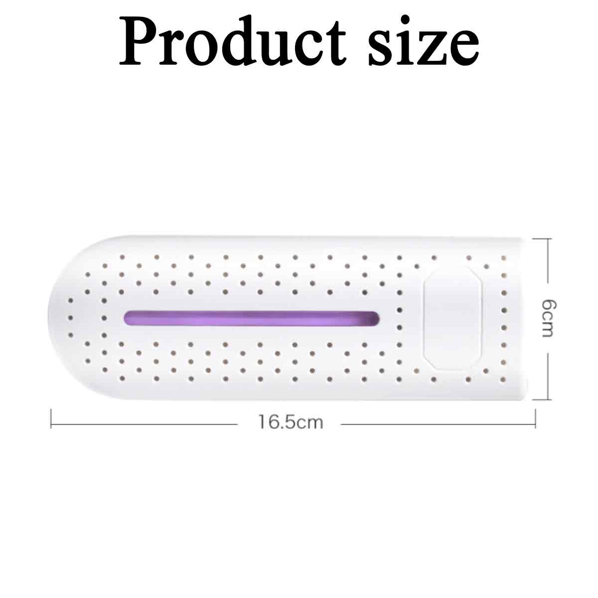 Weißer rechteckiger Luftentfeuchter mit lila Mitte. Abmessungen sind 16,5 cm lang und 6 cm hoch. Text oben lautet 'Produktgröße'.