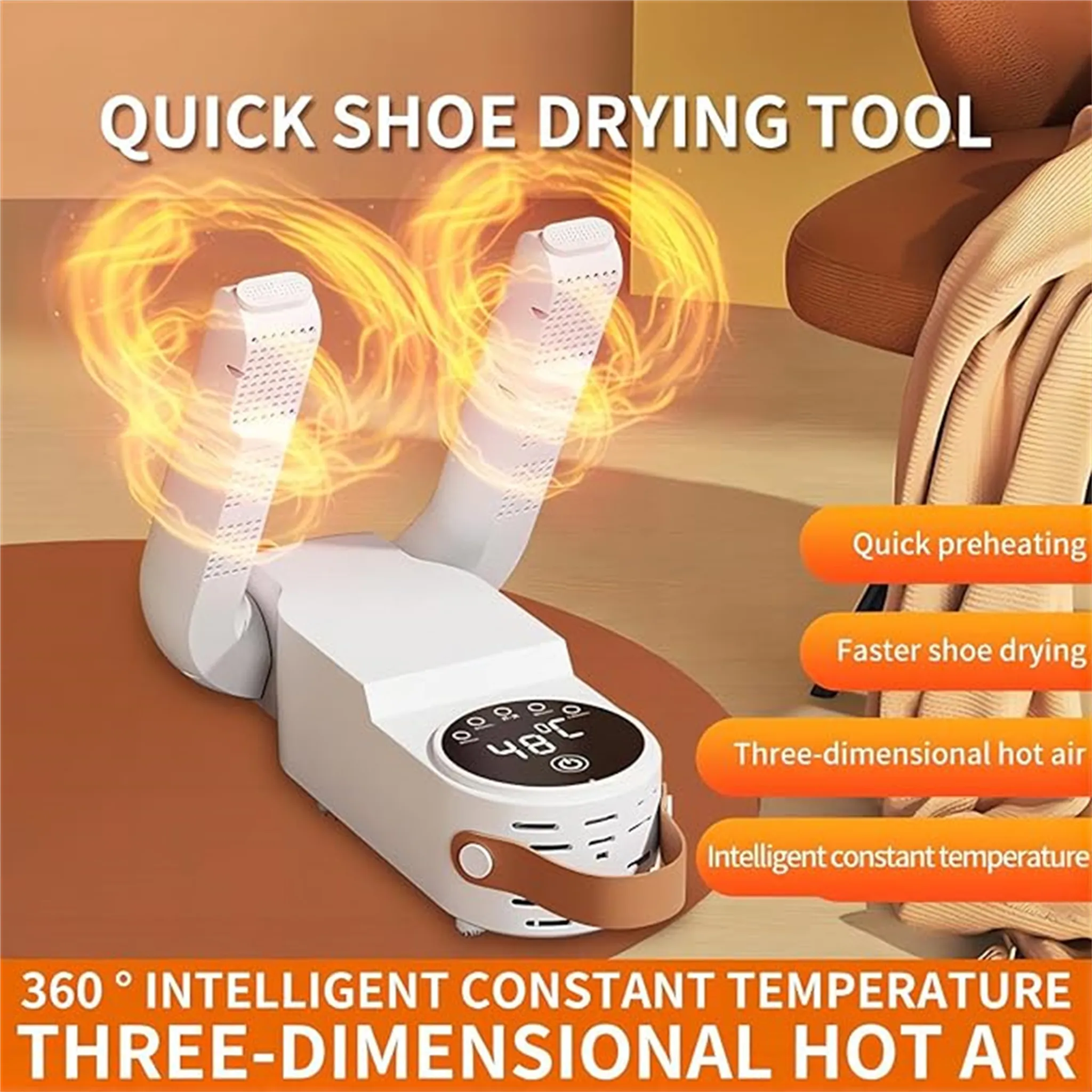 Ein weißes Schuhtrocknungsgerät mit orangefarbenen Flammen um die Trocknungsarme. Text: 'Schnelles Schuhtrocknungswerkzeug'.