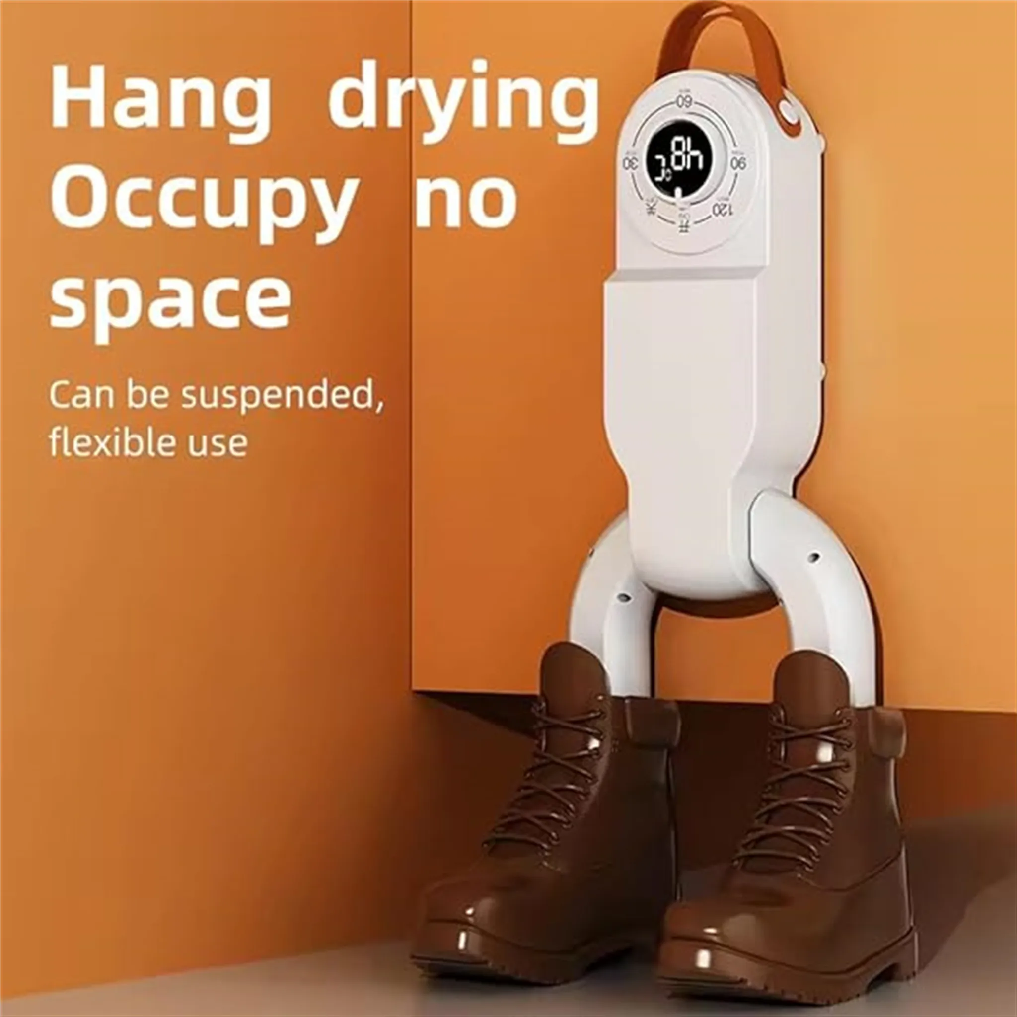 Ein weißer Schuhtrockner hängt an einer orangefarbenen Wand mit braunen Stiefeln. Text: Trocknen, kein Platz.
