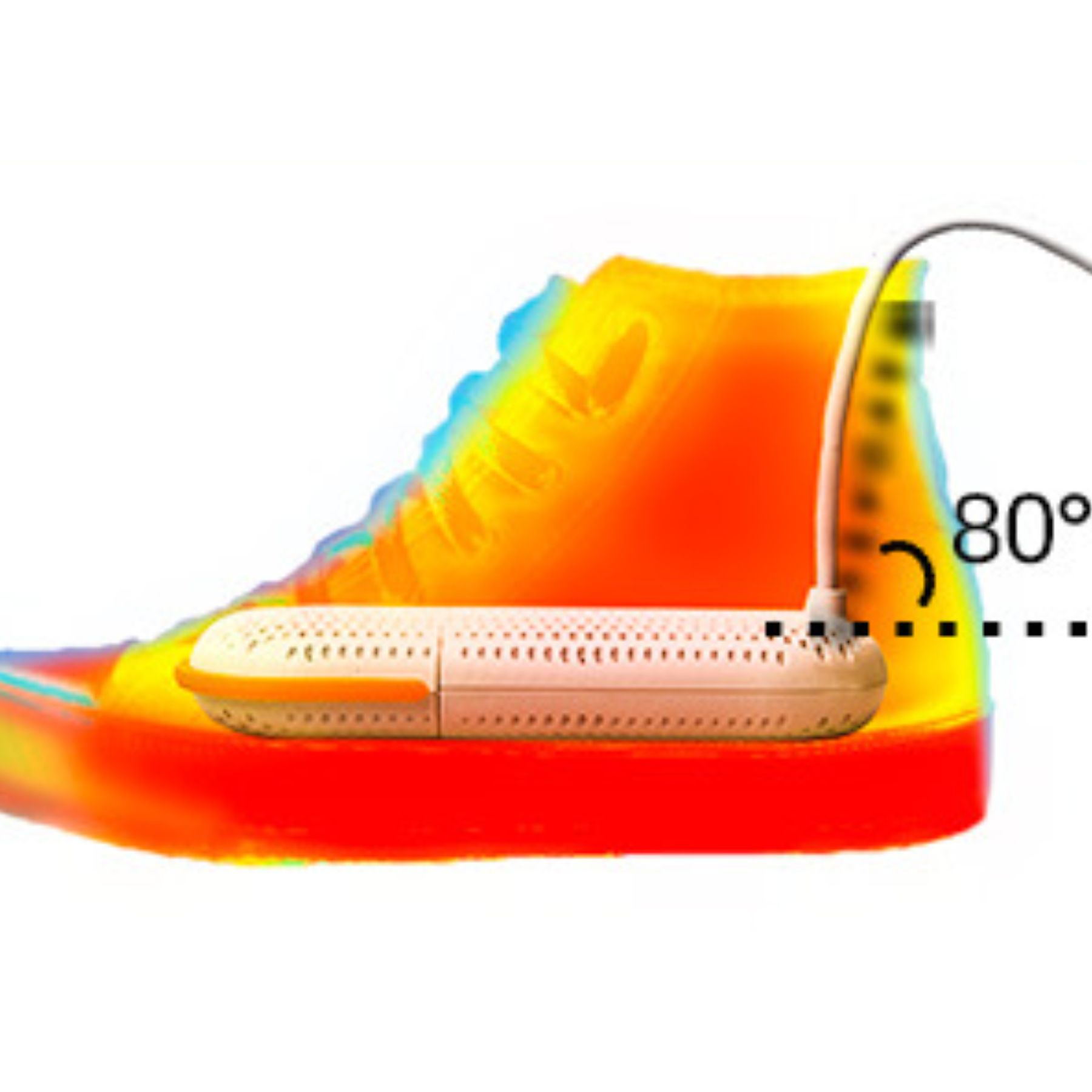 Ein High-Top-Schuh mit Wärmebild-Effekt, ein Trocknungsgerät ist innen platziert. Zeigt 80 Grad.
