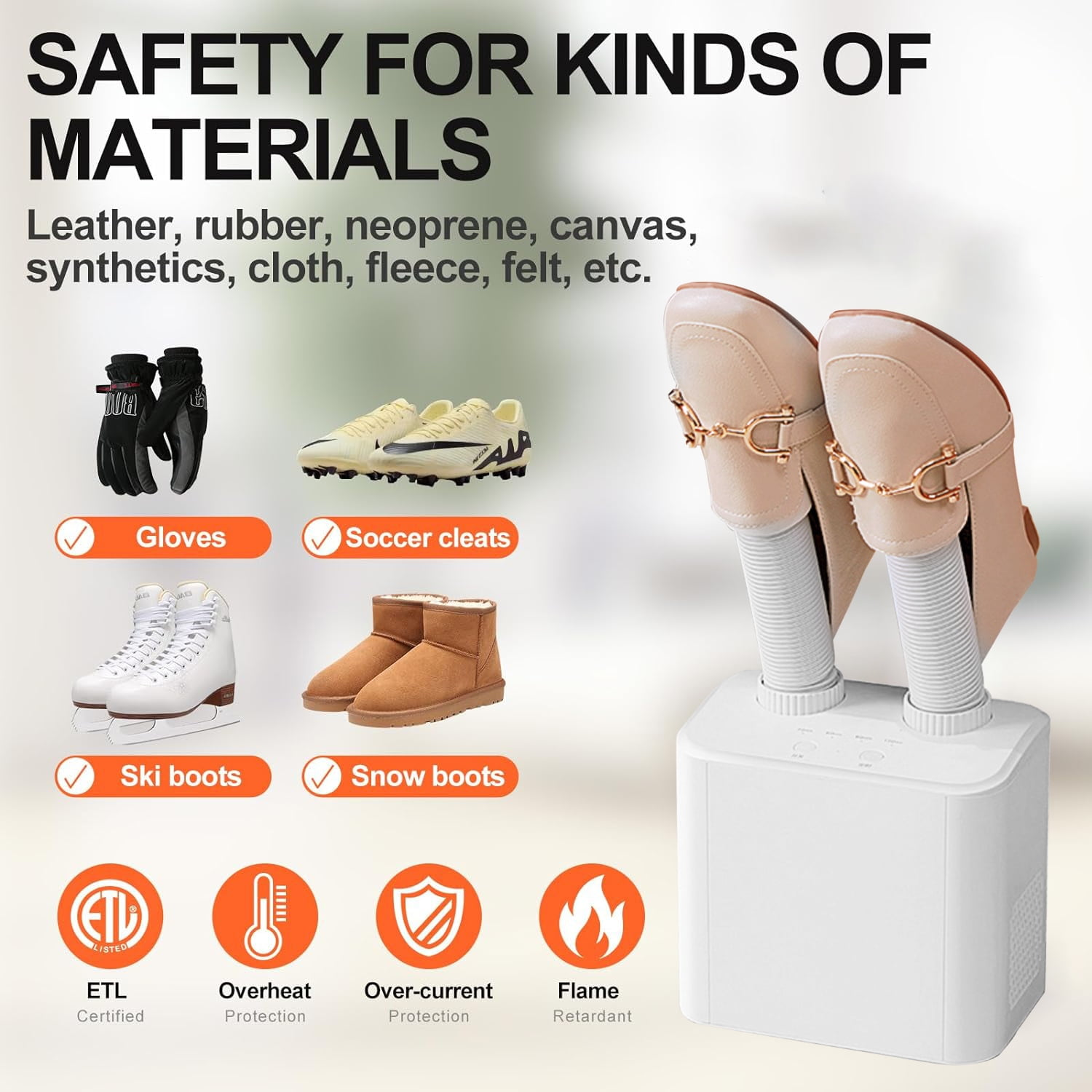Das Bild zeigt einen Schuhtrockner mit Schuhen, Handschuhen, Fußballschuhen, Skischuhen und Schneestiefeln. Text: Sicherheit für Arten von Materialien.