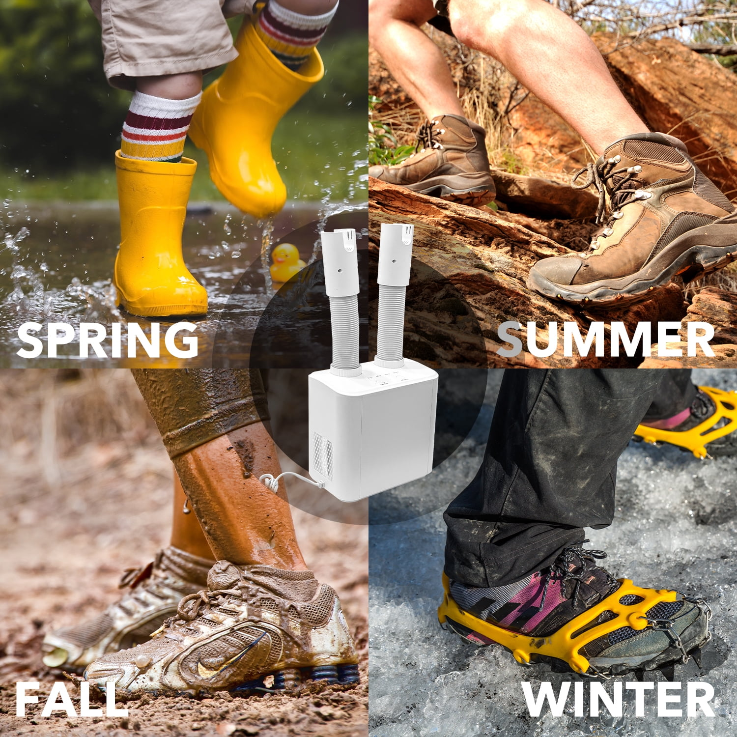 Das Bild zeigt saisonales Schuhwerk: gelbe Stiefel im Frühling, Wanderschuhe im Sommer, schlammige Turnschuhe im Herbst und Eisstollen im Winter.
