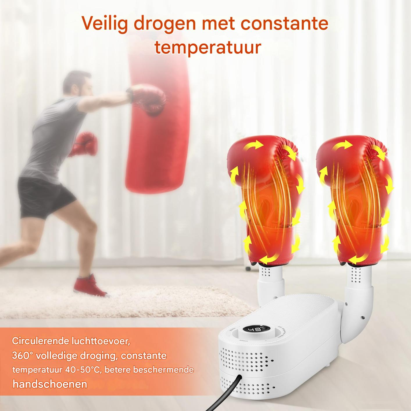 Ein Mann boxt. Handschuhe trocknen an einer Maschine. Text: 'Sicheres Trocknen mit konstanter Temperatur'.
