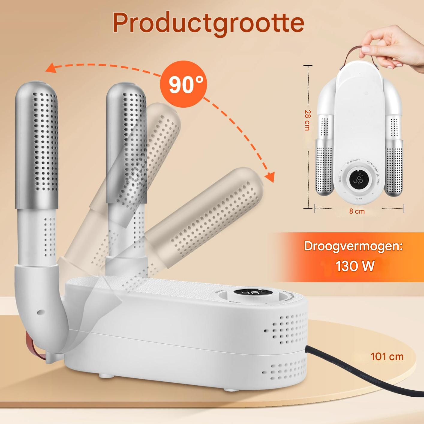 Ein weißer Schuhtrockner mit verstellbaren Armen. Er zeigt Abmessungen, einen 90-Grad-Winkel und eine Leistung von 130W mit digitaler Anzeige.