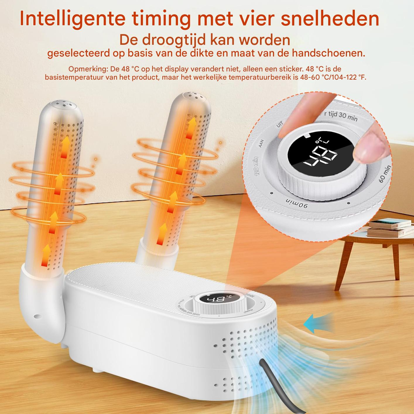 Weißer Handschuhtrockner mit Digitalanzeige, die 48 Grad anzeigt. Orange Luft strömt aus. Eine Hand stellt den Timer ein.