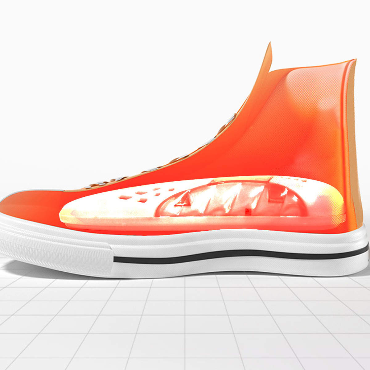 Ein orangefarbener High-Top-Schuh mit einem transparenten Bereich, der das Innere zeigt. Die Sohle ist weiß mit einem schwarzen Streifen. Der Hintergrund ist weiß.