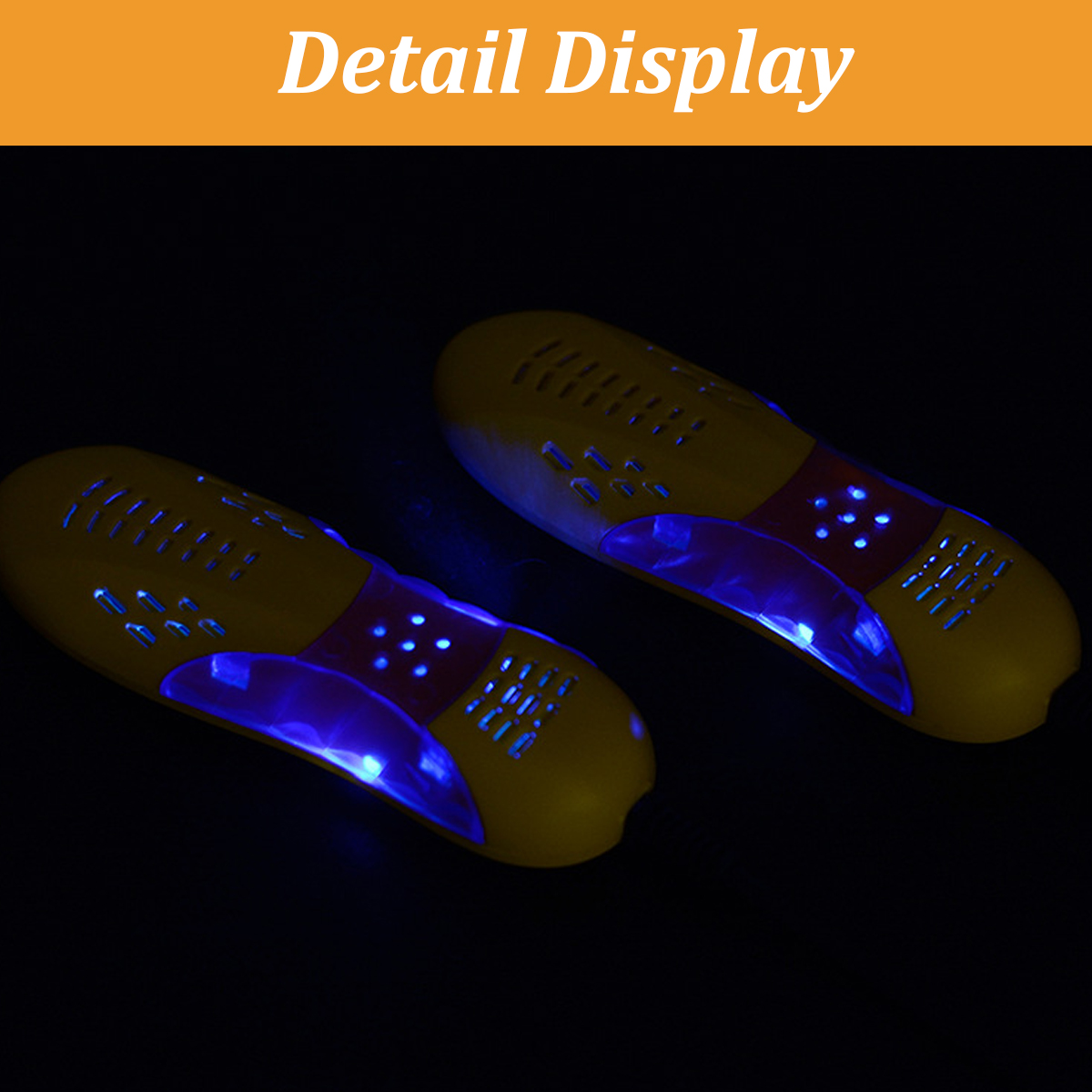Zwei gelbe Geräte mit blauen Lichtern und roten Akzenten werden vor einem dunklen Hintergrund gezeigt, um Details hervorzuheben. Der Text 'Detail Display' ist sichtbar.