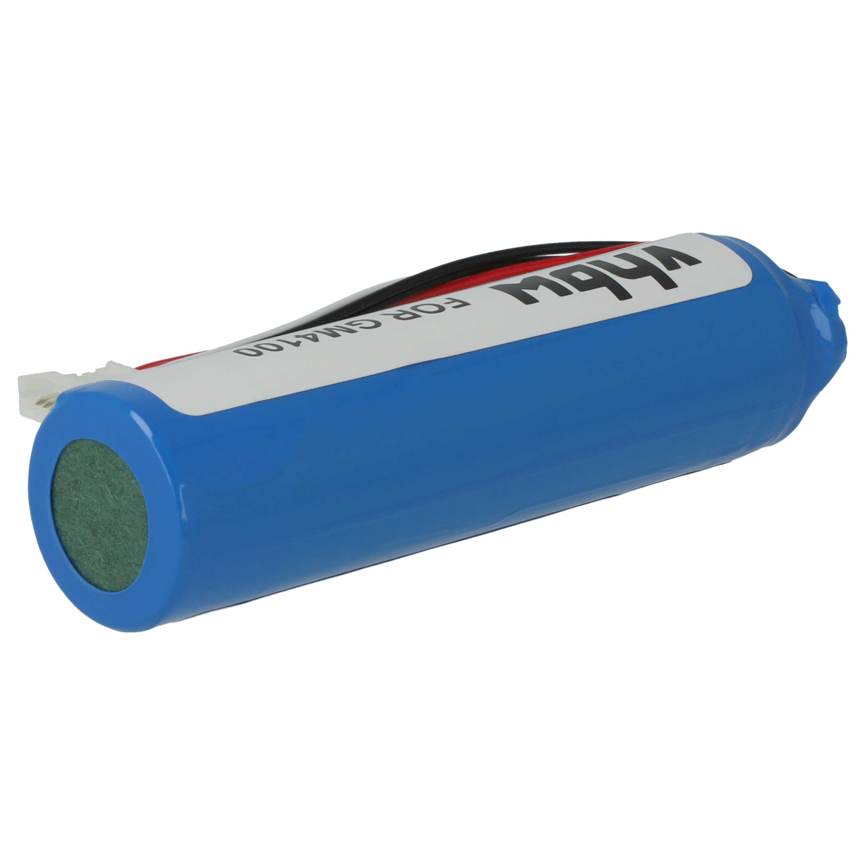 Eine blaue zylindrische Batterie mit weißem Etikett und schwarzem Text. An einem Ende befindet sich ein grüner Kreis.