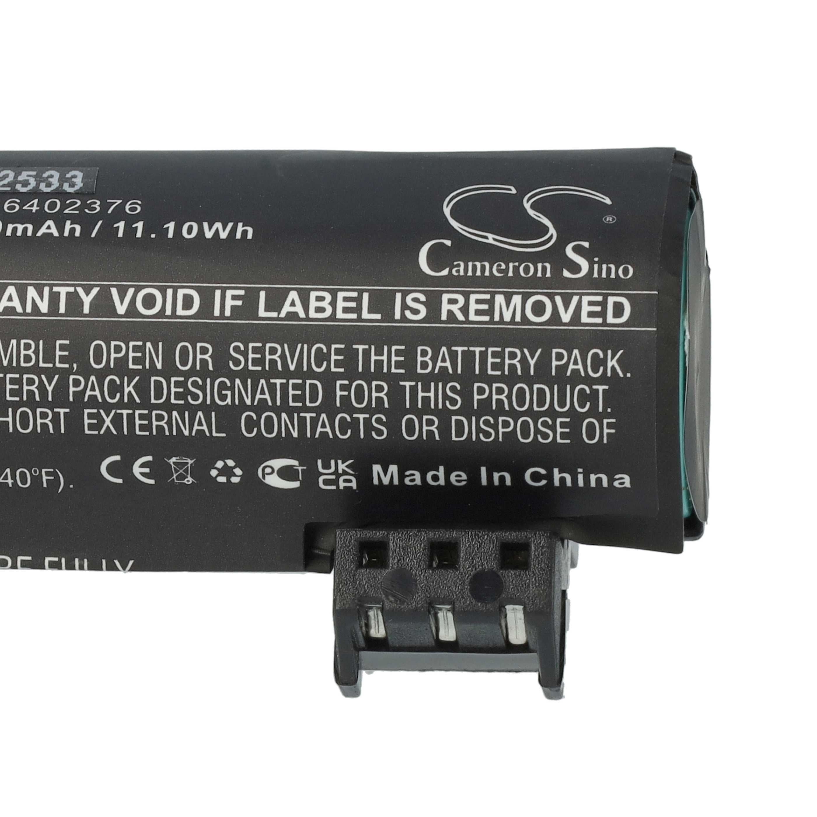 Nahaufnahme eines Akkus mit schwarzem Etikett und Stecker. Text enthält 'Cameron Sino' und 'Made in China'.
