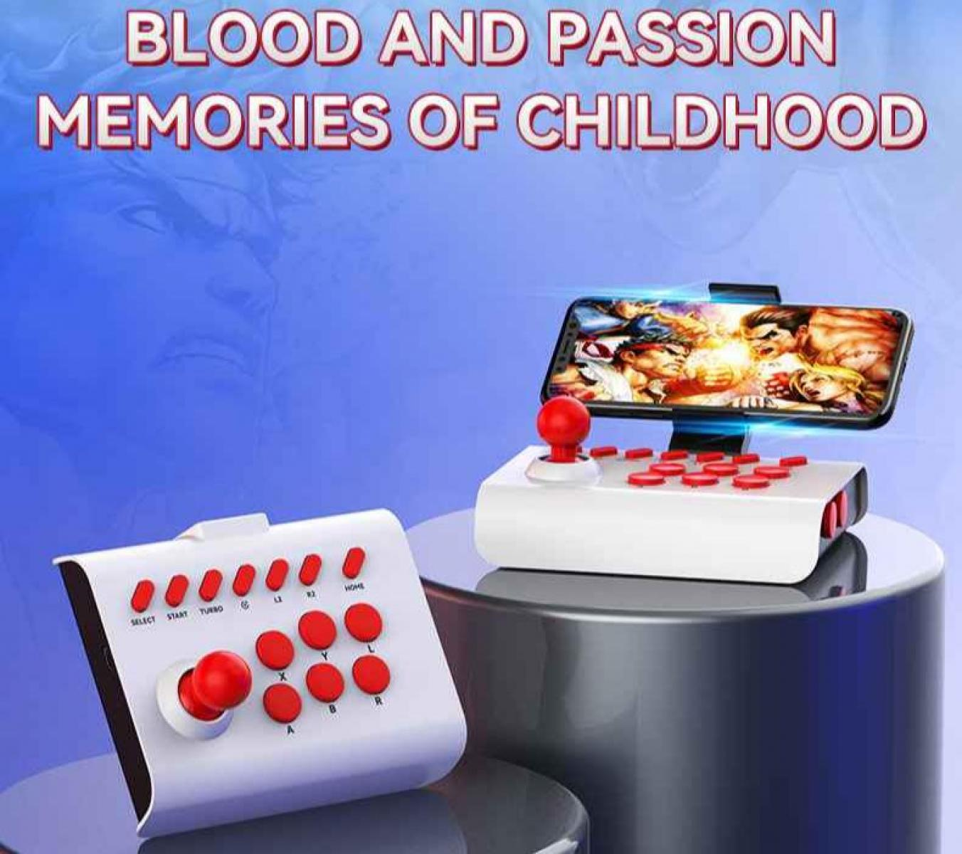 Ein weißer Arcade-Controller mit rotem Joystick und Knöpfen und ein Smartphone, das ein Spiel anzeigt. Der Hintergrund ist blau.