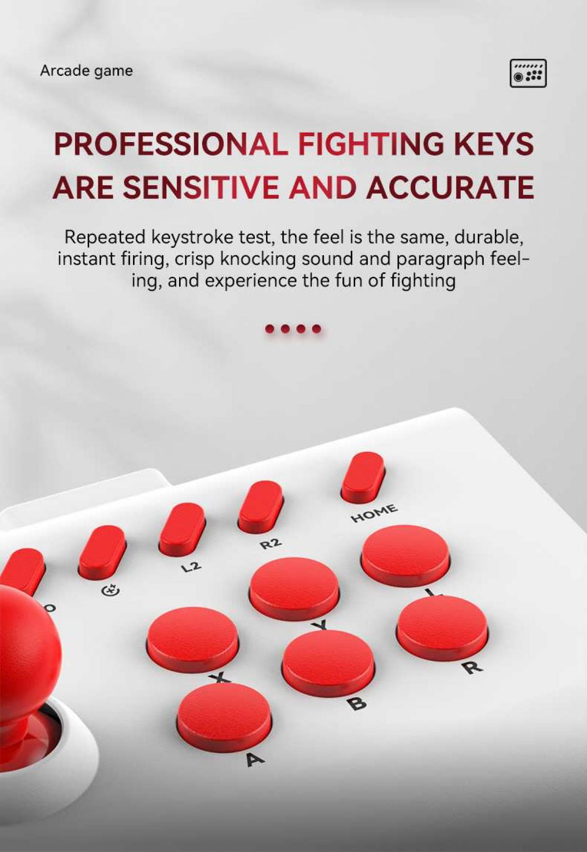 Nahaufnahme eines weißen Arcade-Controllers mit roten Knöpfen. Text: 'Professionelle Kampftasten sind empfindlich und präzise'.