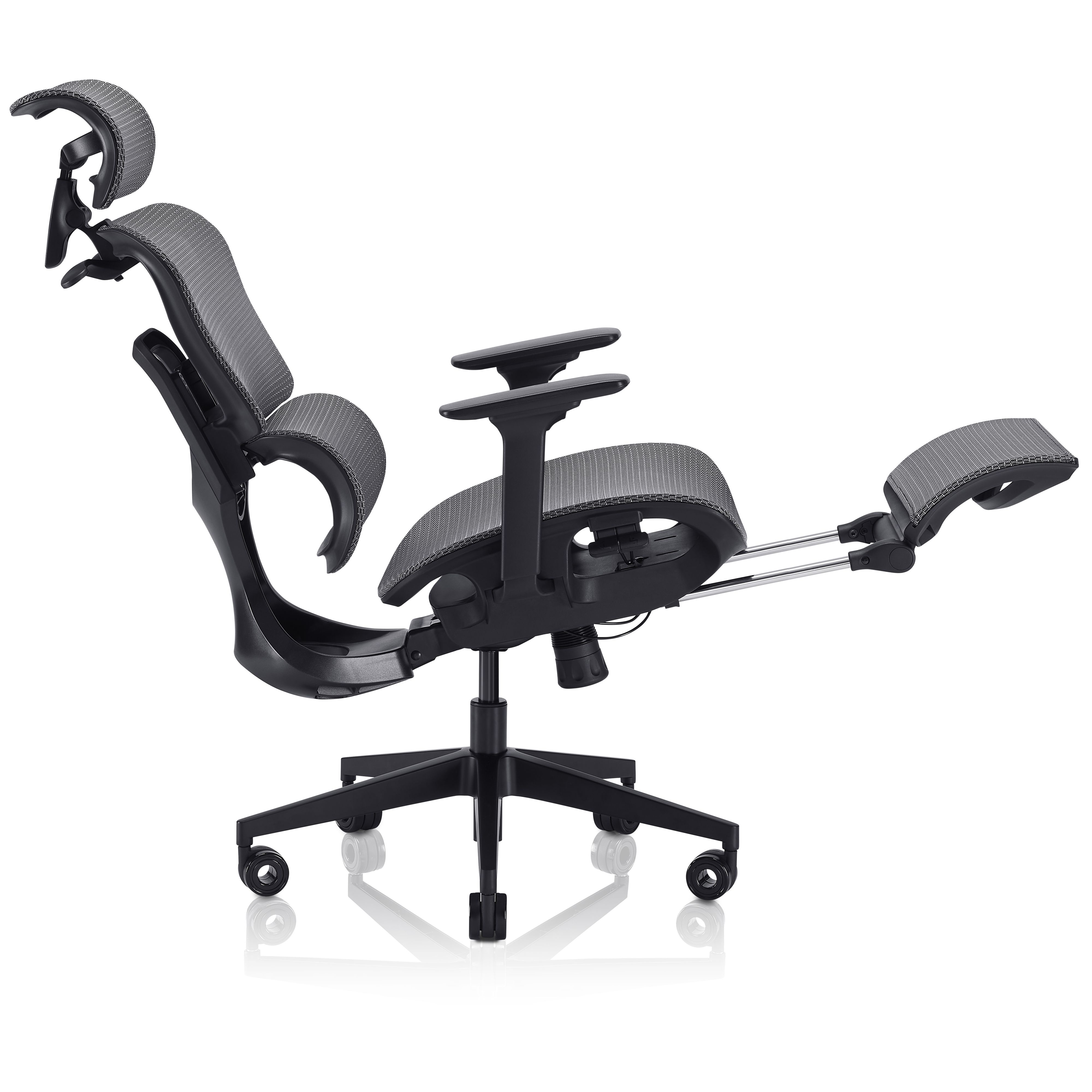 Una silla de oficina ergonómica con reposacabezas, respaldo, reposabrazos, asiento y reposapiés, todo en negro y gris, con fondo blanco.