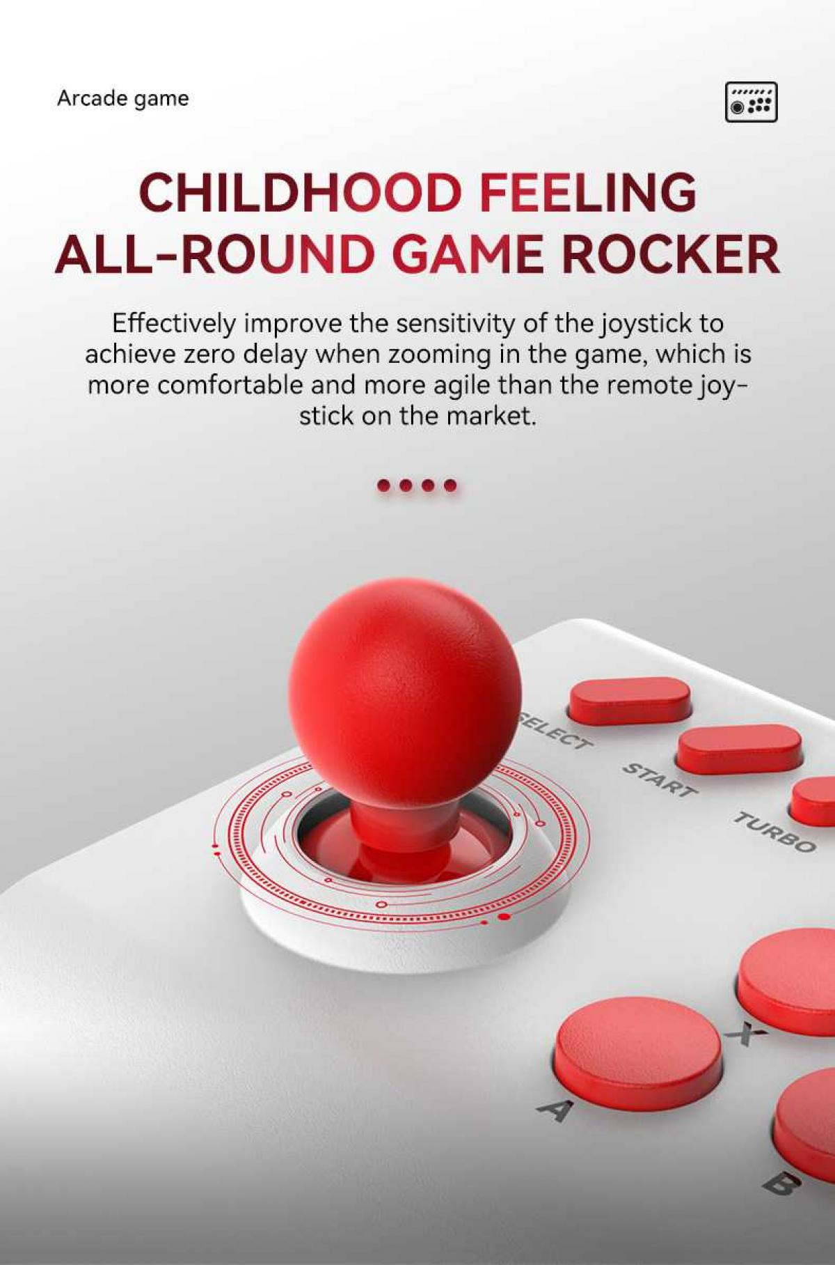 Roter Joystick und Knöpfe auf weißer Oberfläche. Text: 'KINDHEITSGEFÜHL ALLROUND-SPIEL-ROCKER'.