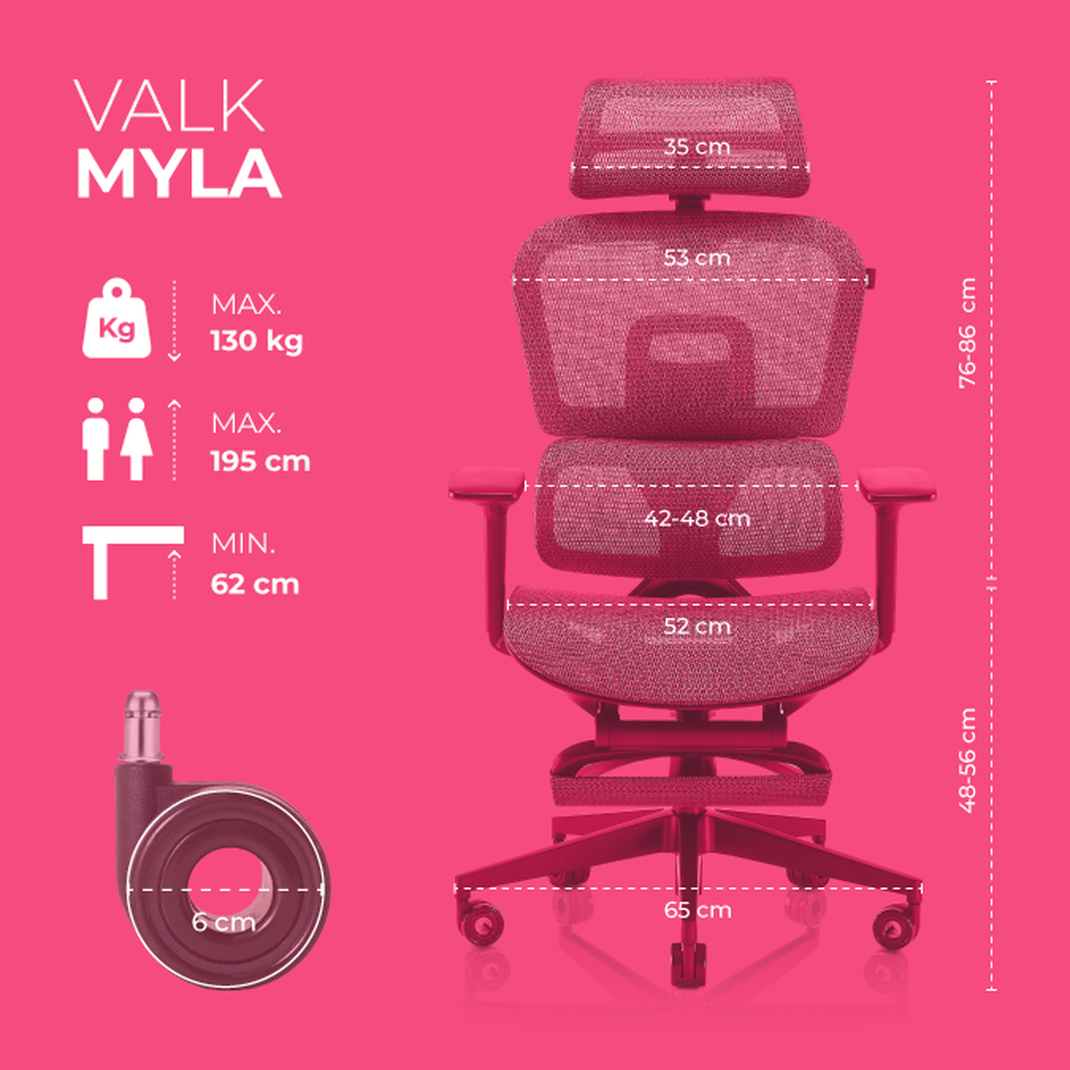 Una silla de oficina rosa con dimensiones etiquetadas. Detalles incluyen ancho del reposacabezas, asiento y altura. Peso y altura máxima del usuario.