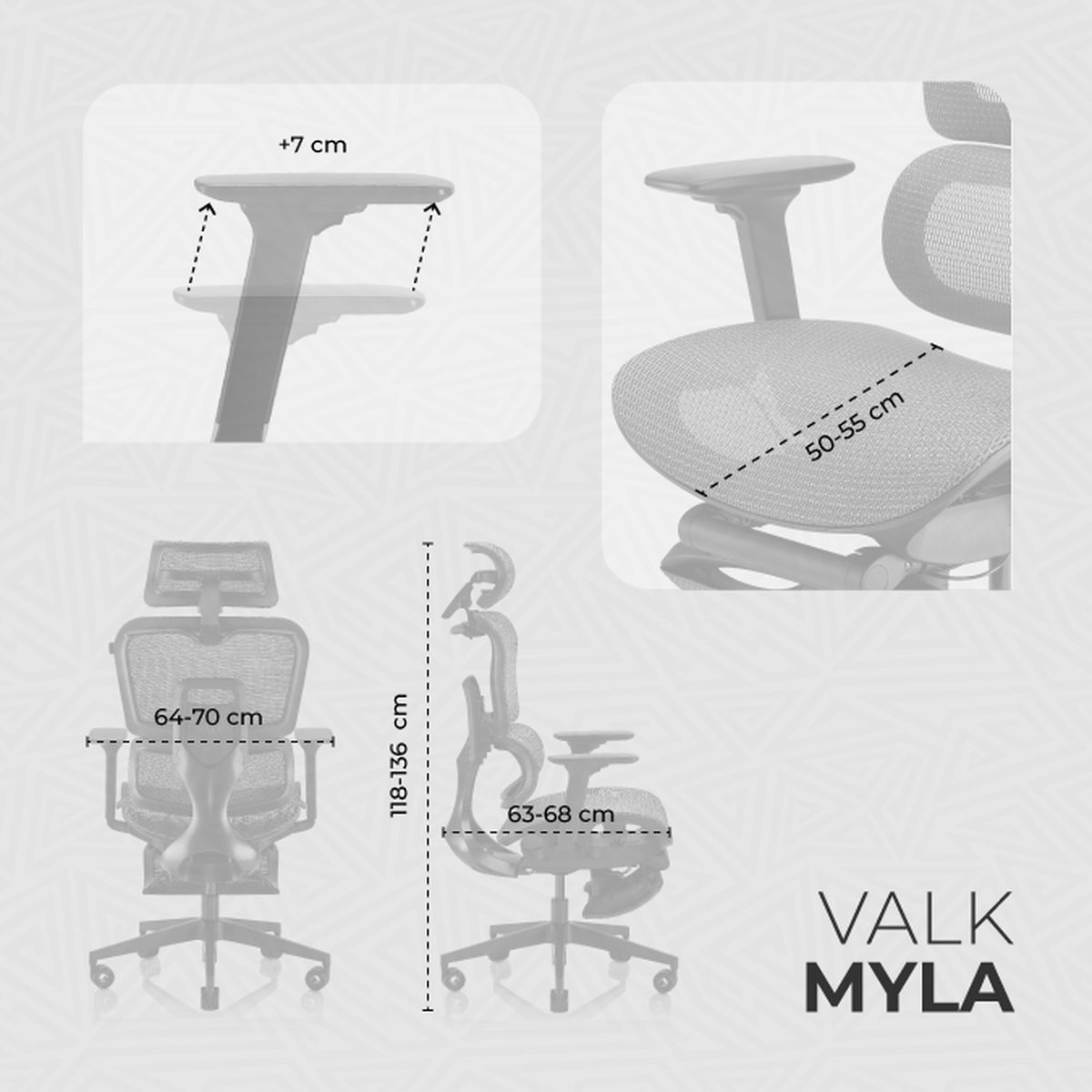 Diagrama de una silla de oficina que muestra las dimensiones: ajuste del reposabrazos, ancho del asiento, ancho del respaldo y altura total.