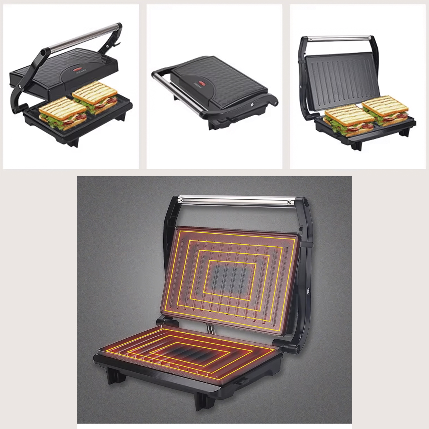 Una plancha para panini con dos sándwiches dentro. La plancha es negra, abierta. Los elementos calefactores brillan en naranja y amarillo.